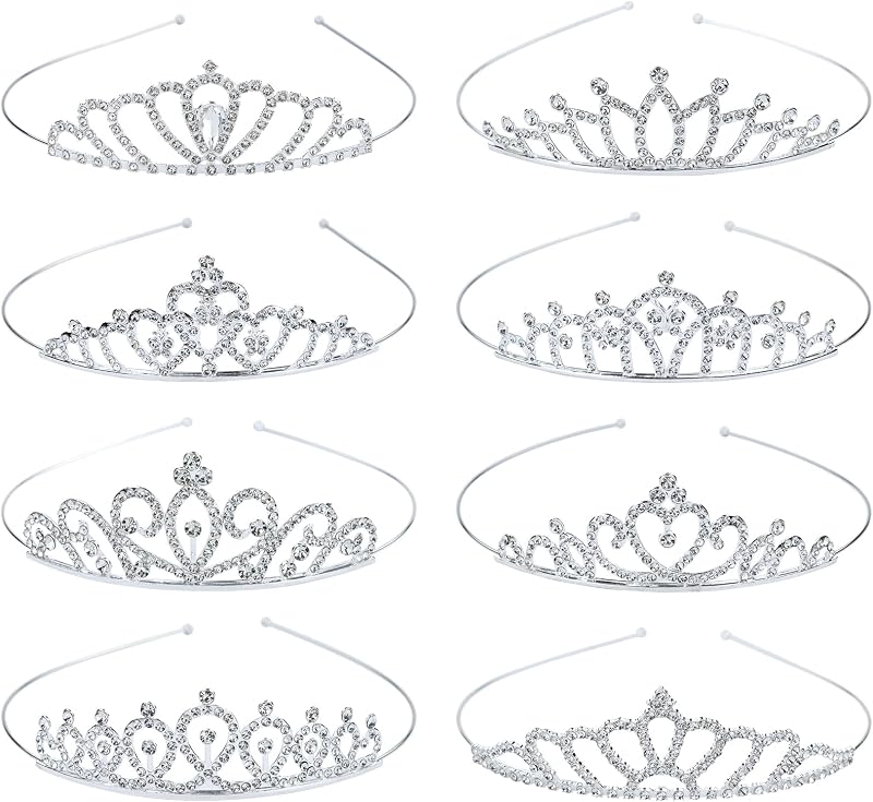 Lawie Paquete de 8 tiaras de cumpleaños, coronas de princesa con cristales de diamantes de imitación, diademas plateadas para mujeres, fiestas, bailes, bodas, novias