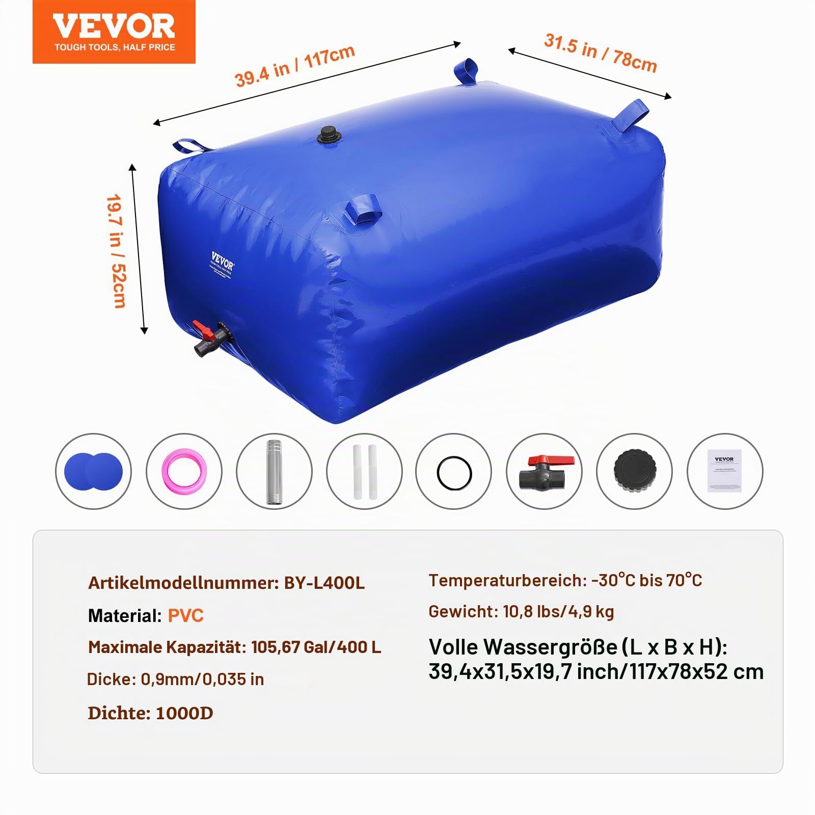 VEVOR 400L Wasserblasen Aufbewahrungsbehälter, Wassertank, 1000D blaues PVC, zusammenklappbare Wasserspeicherbehälter, Wasserbeutel mit großer Kapazität, tragbarer Wasserbehälter, Brandschutz, Camping