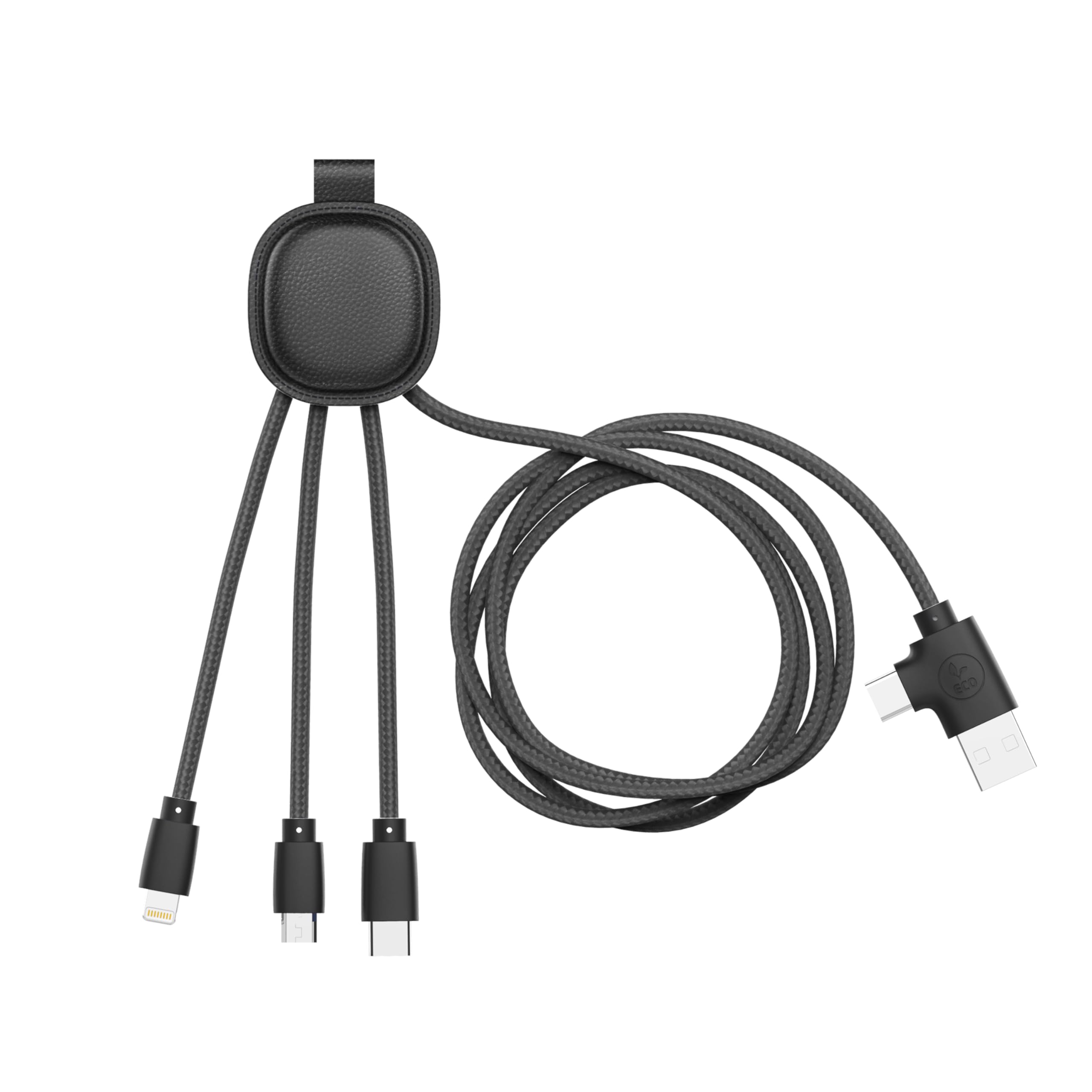 Xoopar Kabel Multi USB 4 w 1 USB-C, USB, Lightning, Micro USB - Iné Smart Long 1m - Skórzana funkcja NFC z recyklingu do ładowania smartfonów iPhone, Samsung, Huawei, Xiaomi, LG, czarny