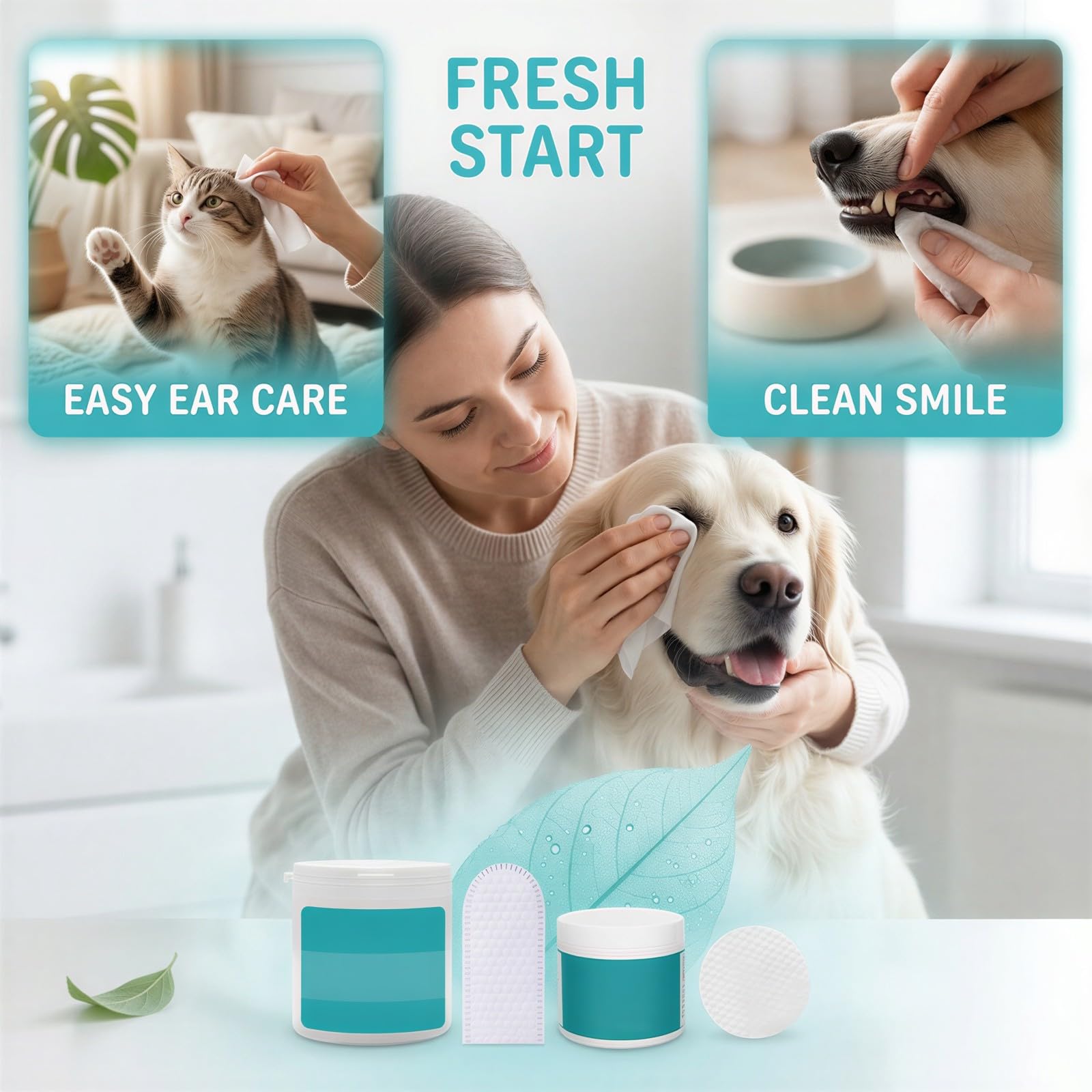 Lingettes pour Yeux, Oreilles et Dents pour Chiens et Chats, 100 Coussinets Yeux, 50 lingettes à Doigt Oreilles, 50 Coussinets Dents, boîtes 2,8 x 2,8 x 2,4 in et 3,0 x 2,0 x 3,3 in