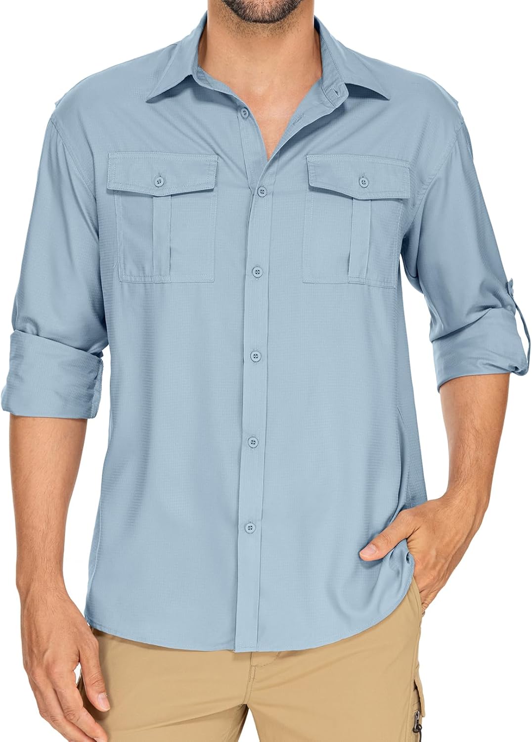 Anteef Mens Safari Shirts Long Sleeve UV Protection Hiking Fishing UPF 50+ Quick Dry Camping Travel Shirts