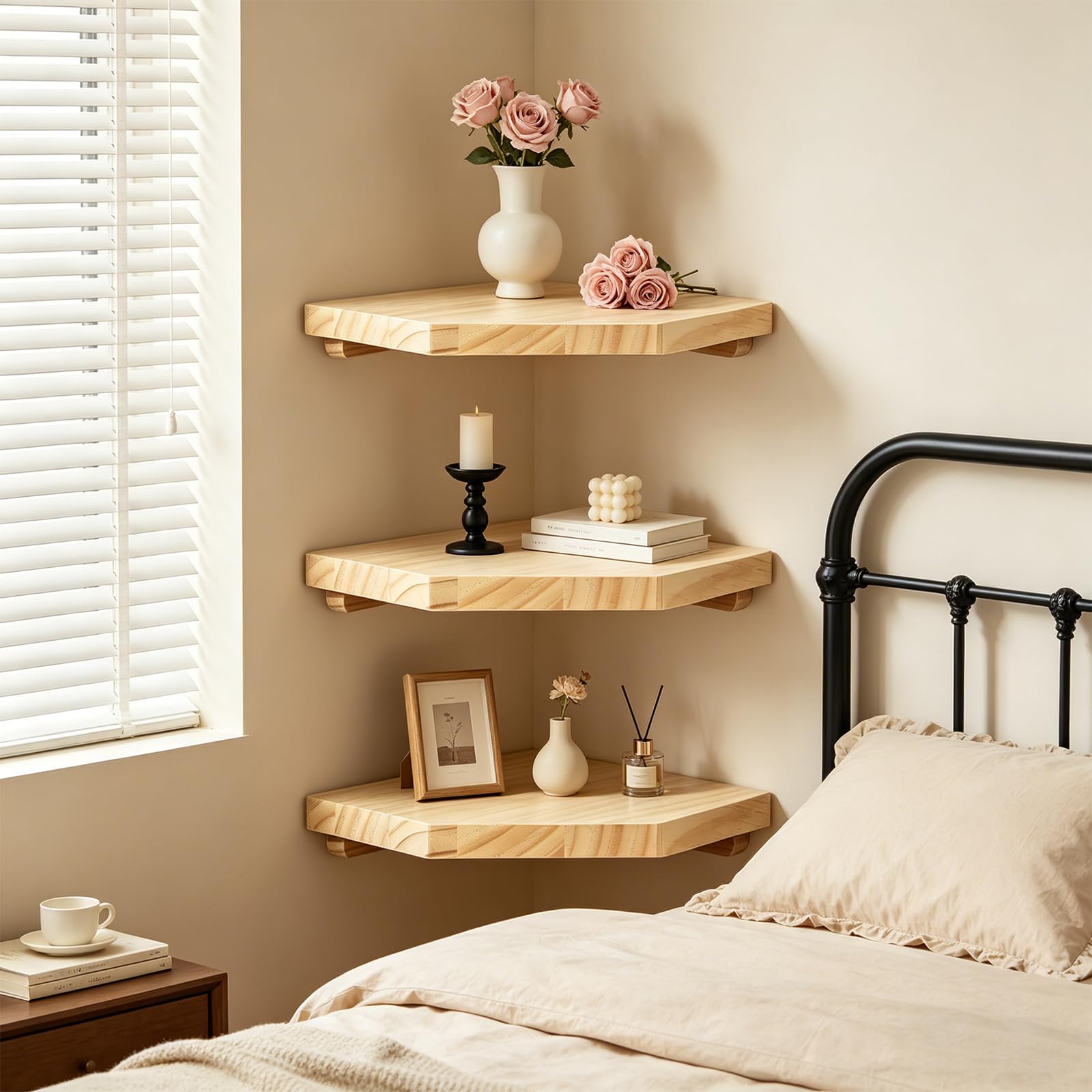lalago 3 Pièces Étagère d'angle Suspendue 28,5cm, Étagère d'angle en Massif Couleur Bois Naturel, Extrémités Rondes Murale Bois pour Salle de Bain, Cuisine, Chambre à Coucher, Salon