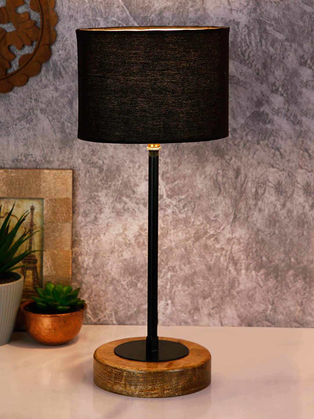 Devansh Drum Black Cotton Shade Table Lamp with Wood Base-picture-14