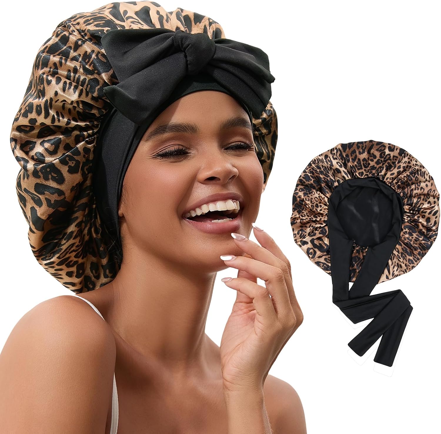 Satin Bonnet for Sleeping, Non Slip Sleep Cap for Women, Adjustable Tie Hair Bonnet for Curly, Braids Long Natural Hair