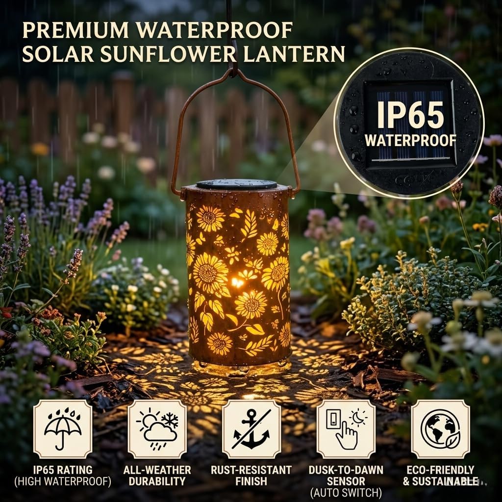 Colorful Sunflower Glow Solar Garden Lantern, IP65 Waterproof Metal Outdoor Hanging & Standing Solar Lantern, Solar-Powered Garden Lights Decor for Patio Pathway, Birthday Gifts for Women