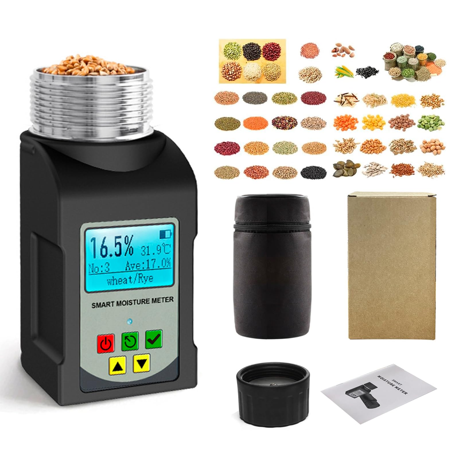 Smart Grain Moisture Tester for 25 Grains, Portable Grain Moisture Meter with Digital Display Voice Broadcast Data Hold, Moisture Temperature Analyzer