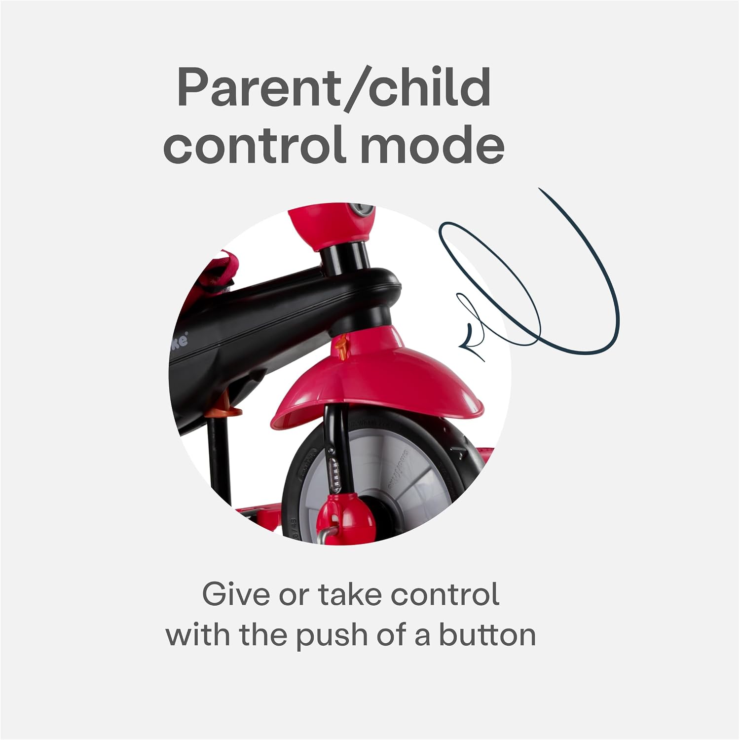Red button for parent/child control mode on tricycle front wheel