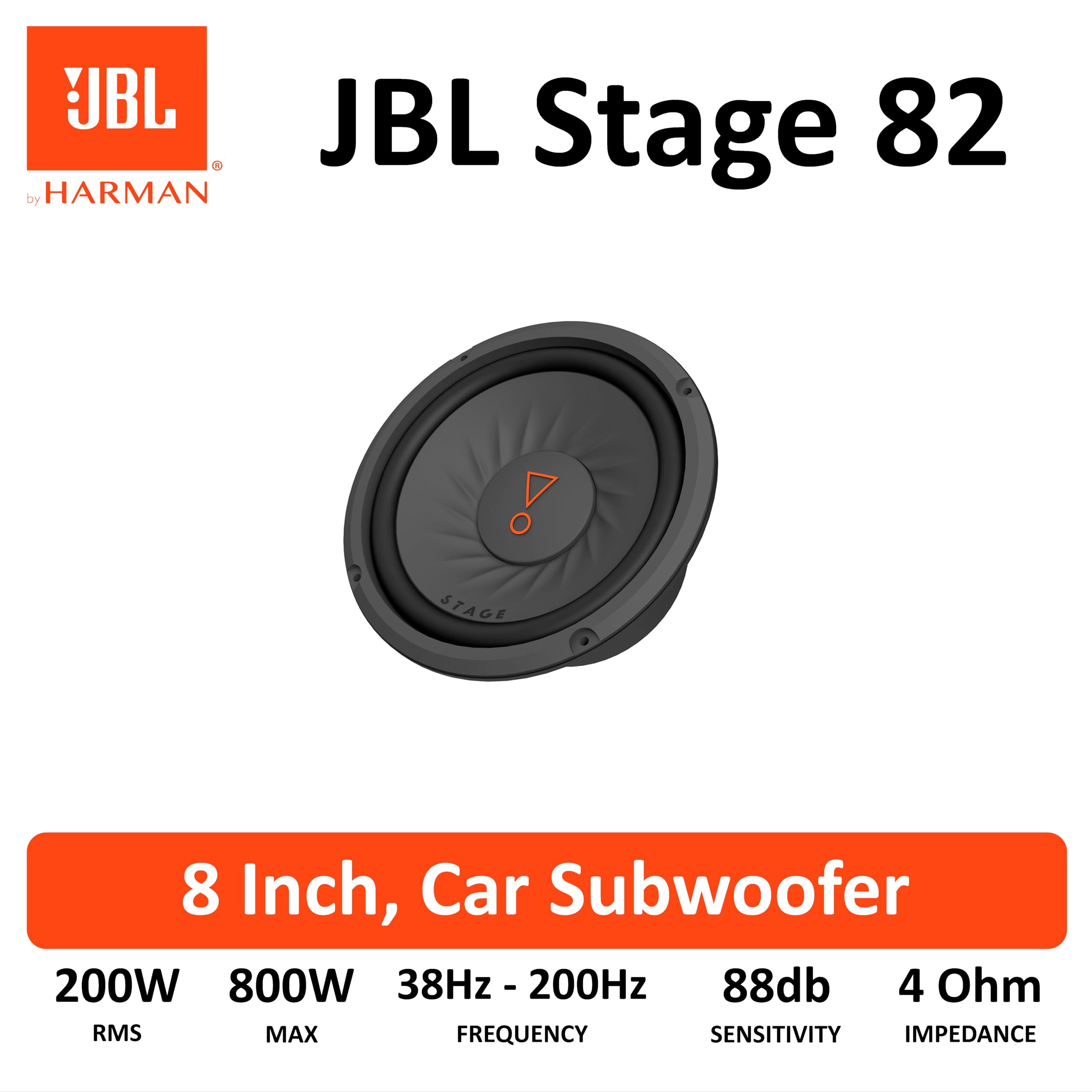 JBL Stage 82 subwoofer pasivo Coche 200 mm (8”), 200W RMS y 800W MAX, 4 Ohmios, 88 dB, Respuesta de frecuencia 38–200 Hz, Bobina de 1.5”, Profundidad Montaje 10.2 mm, Graves potentes y nítidos