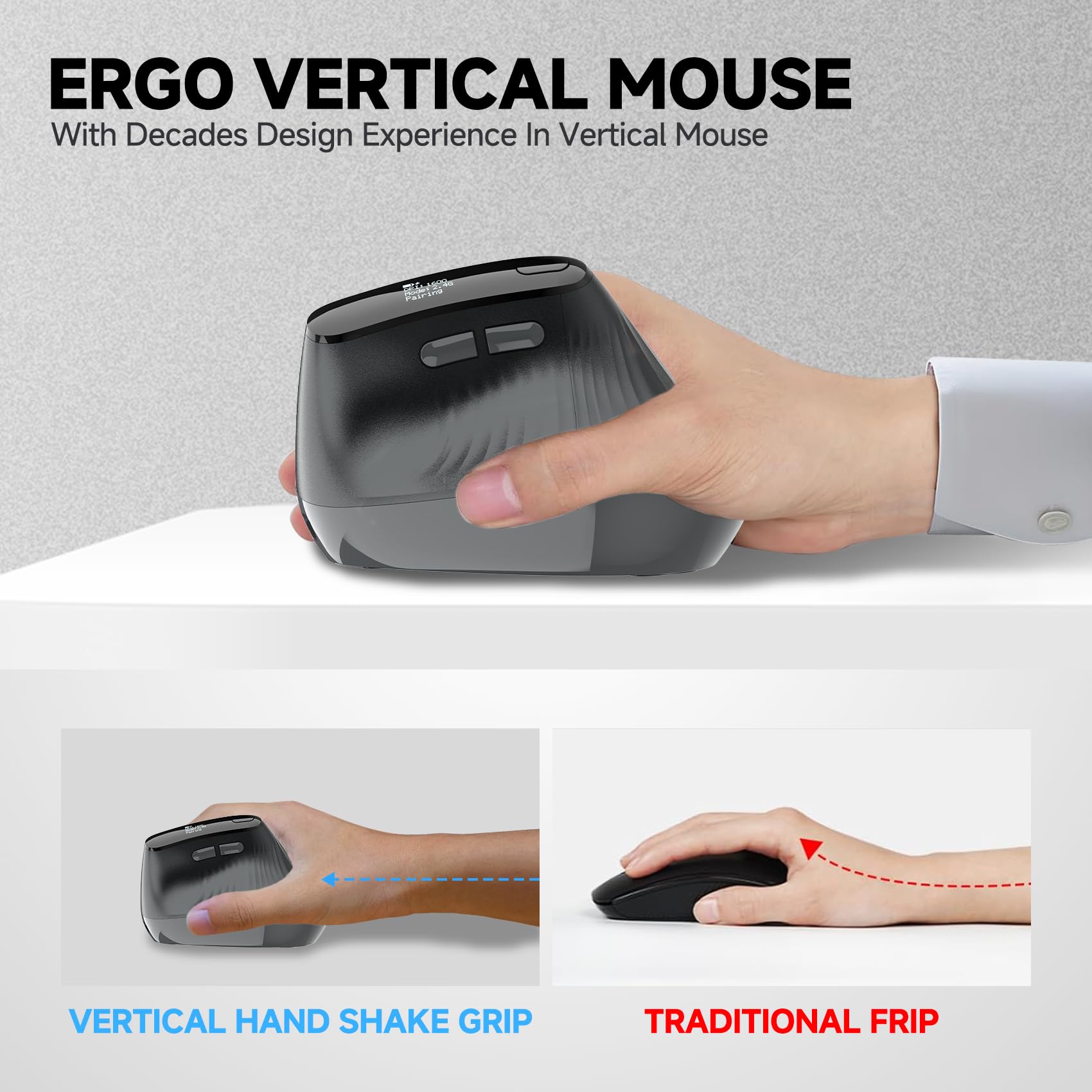 Eelexa New Dual Mode Ergonomic Mouse, Rechargeable Bluetooth Vertical Ergo Mouse Wireless 5 Adjustable DPI, Silent 2.4GHz Optical Carpal Tunnel Mouse for Compatible with Laptop, PC(Right Hand)