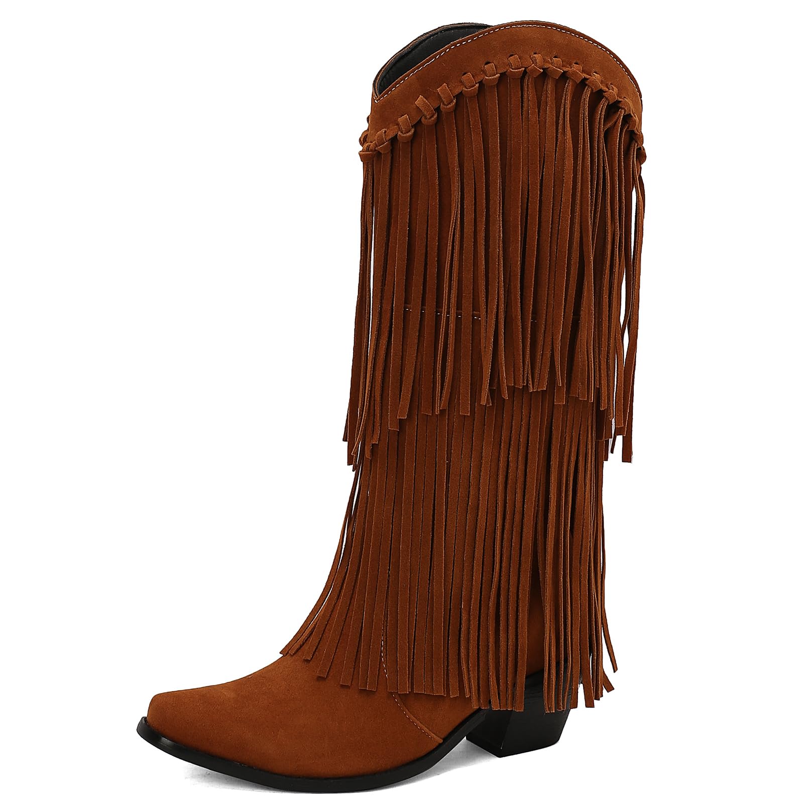 Womens Mid High Western Boots Fringe Pointed Toe