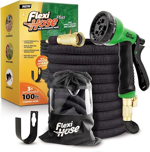 Flexi Hose PLUS - Manguera de jardín expandible con boquilla de 8 funciones, ligera y flexible, sin torceduras, accesorios de latón macizo de 34