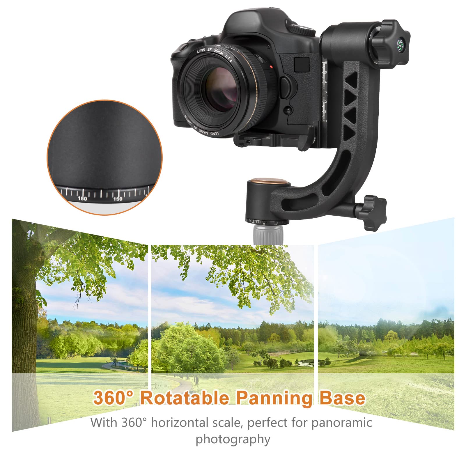 Andoer Testa per treppiede panoramica, Heavy Duty a 360°, in lega di alluminio, con vite da 1/4", piastra a sgancio rapido, per fotocamere DSLR, portata 15 kg