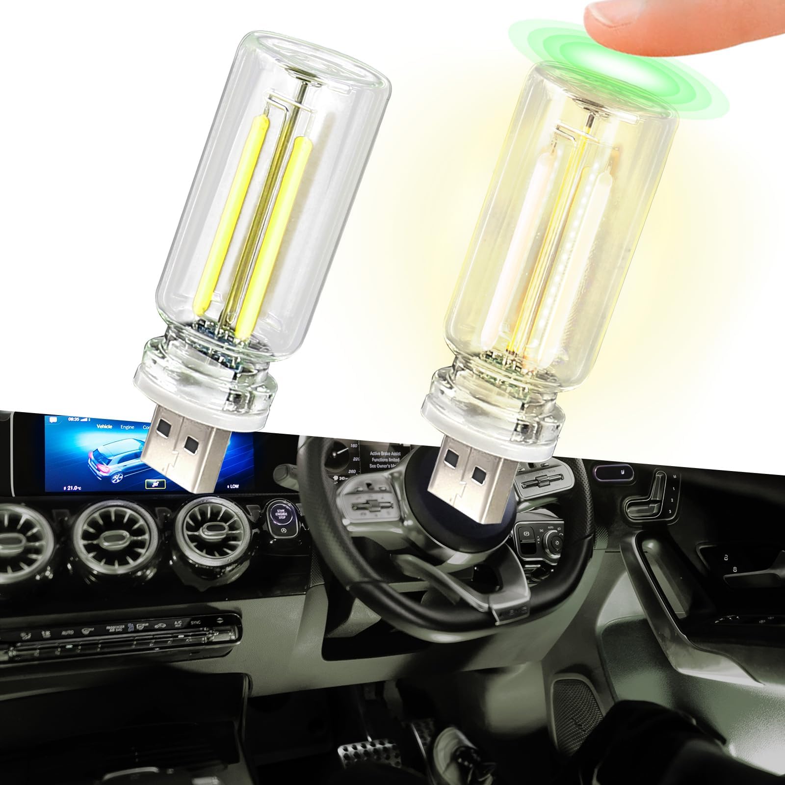 2Pcs USB LED Lights for Car, Touch Dimmable LED Interior Car Lights, USB Port Retro Car Ambient Lighting, LED Lights Interior Wireless for Truck Decor＆Car Accessories Interior Decor (White)