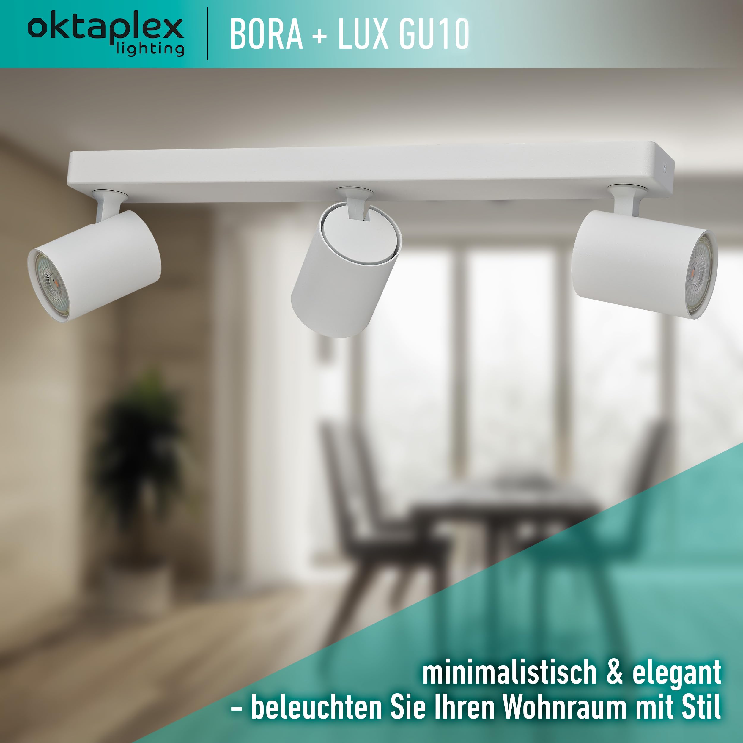 Oktaplex Bora Deckenstrahler 3-flammig weiß inkl. Leuchtmittel | 3-Stufen dimmbar GU10 400lm 2700K warmweiß 4,8W 230V - Spotbalken