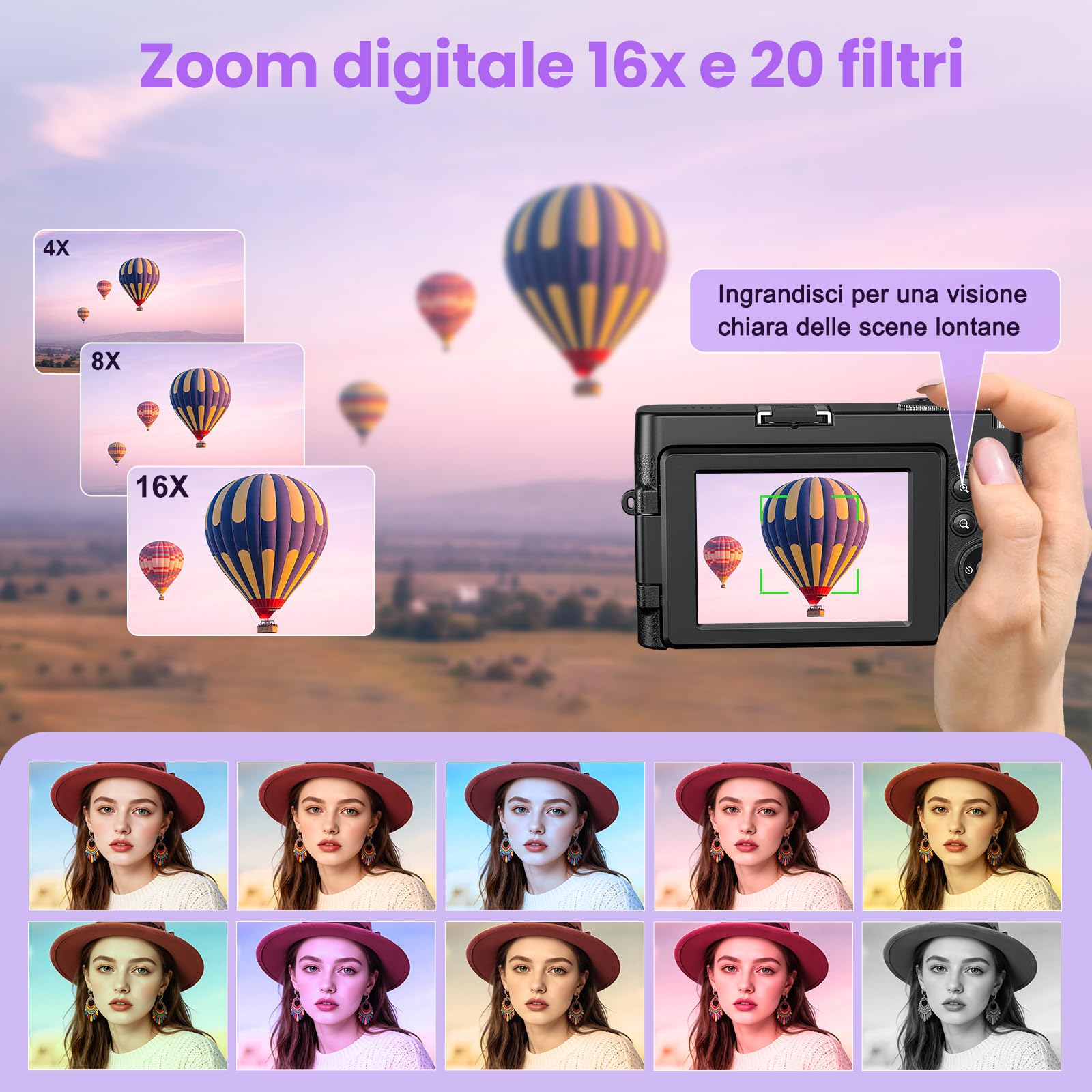 Fotocamera Digitale 4K 64MP WiFi Zoom 16X Schermo Girevole 180° Autofocus per Vlog e Selfie, Compatta con Scheda 32GB, 2 Batterie e Caricabatterie, Ideale per Principianti