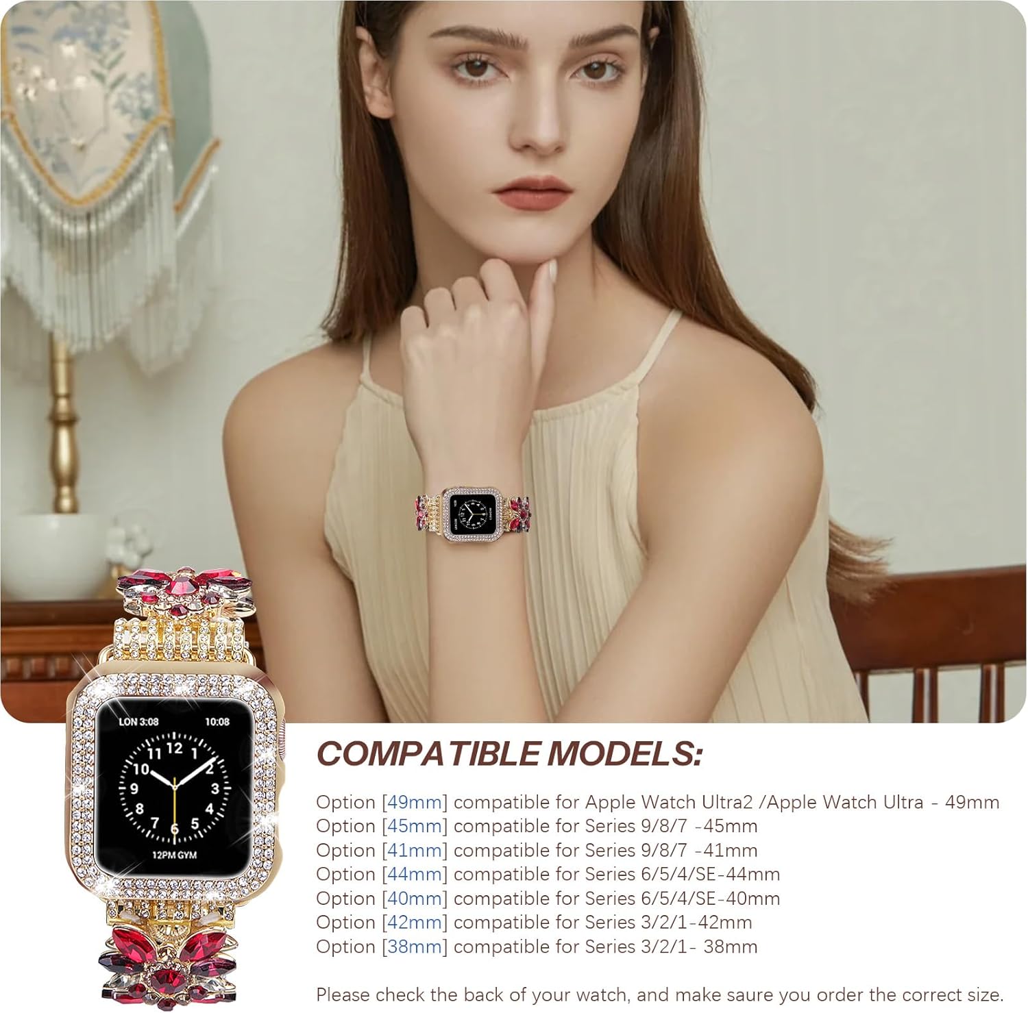 Bling Band and Case Compatible with Apple Watch Ultra 2/Ultra Band 49mm 45mm 44mm 42mm 41mm 40mm 38mm, Women Dressy Diamond Link Bracelet with Rhinestone Bumper Cover for iWatch SE 2/SE Series 9/8/7/6/5/4/3/2/1