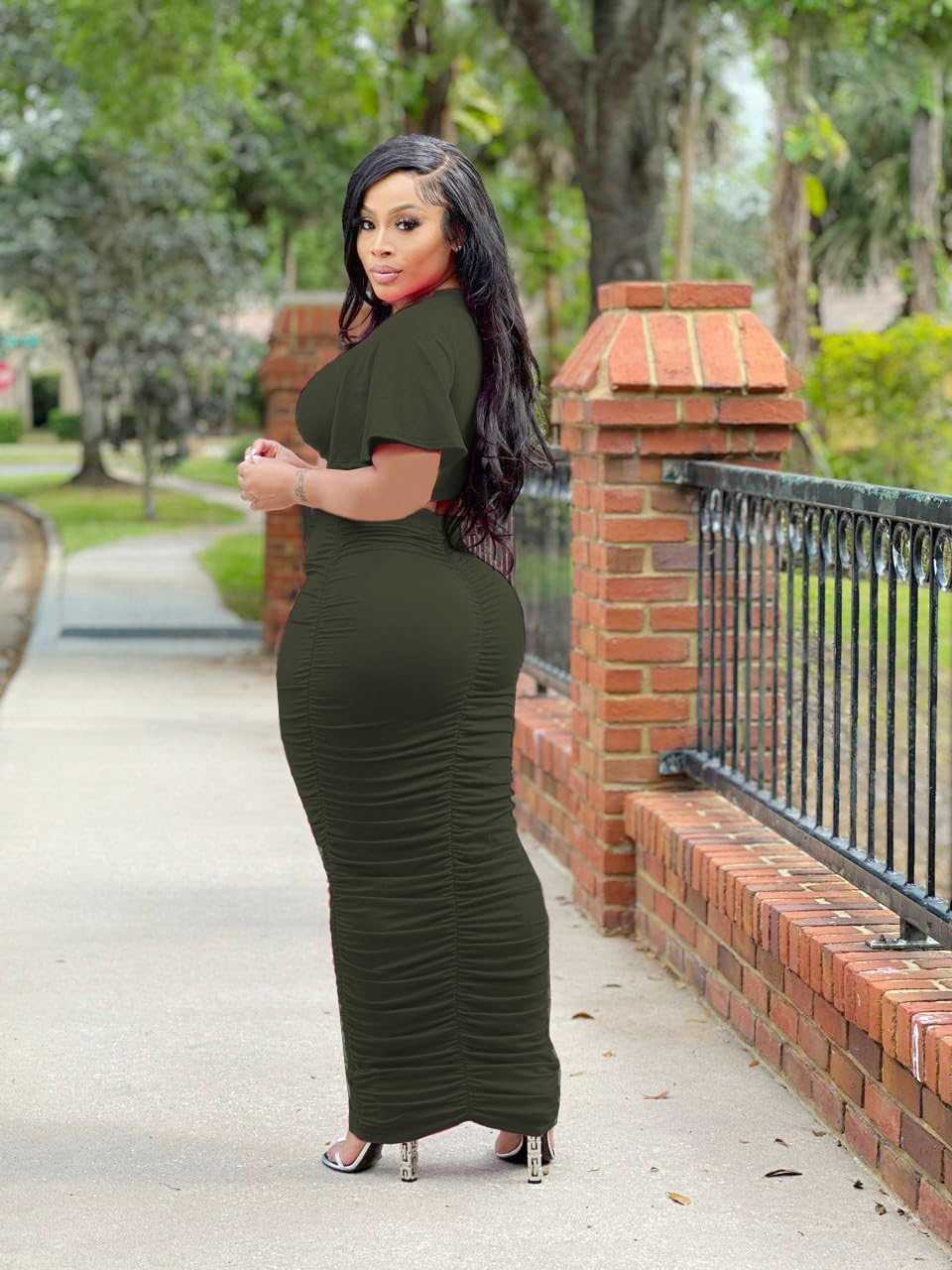 Women's 2 Piece Outfits Flare Sleeve Crop Tops Sexy Bodycon Jumpsuits Maxi Dresses Midi Ruched Skirt Sets - Image 5