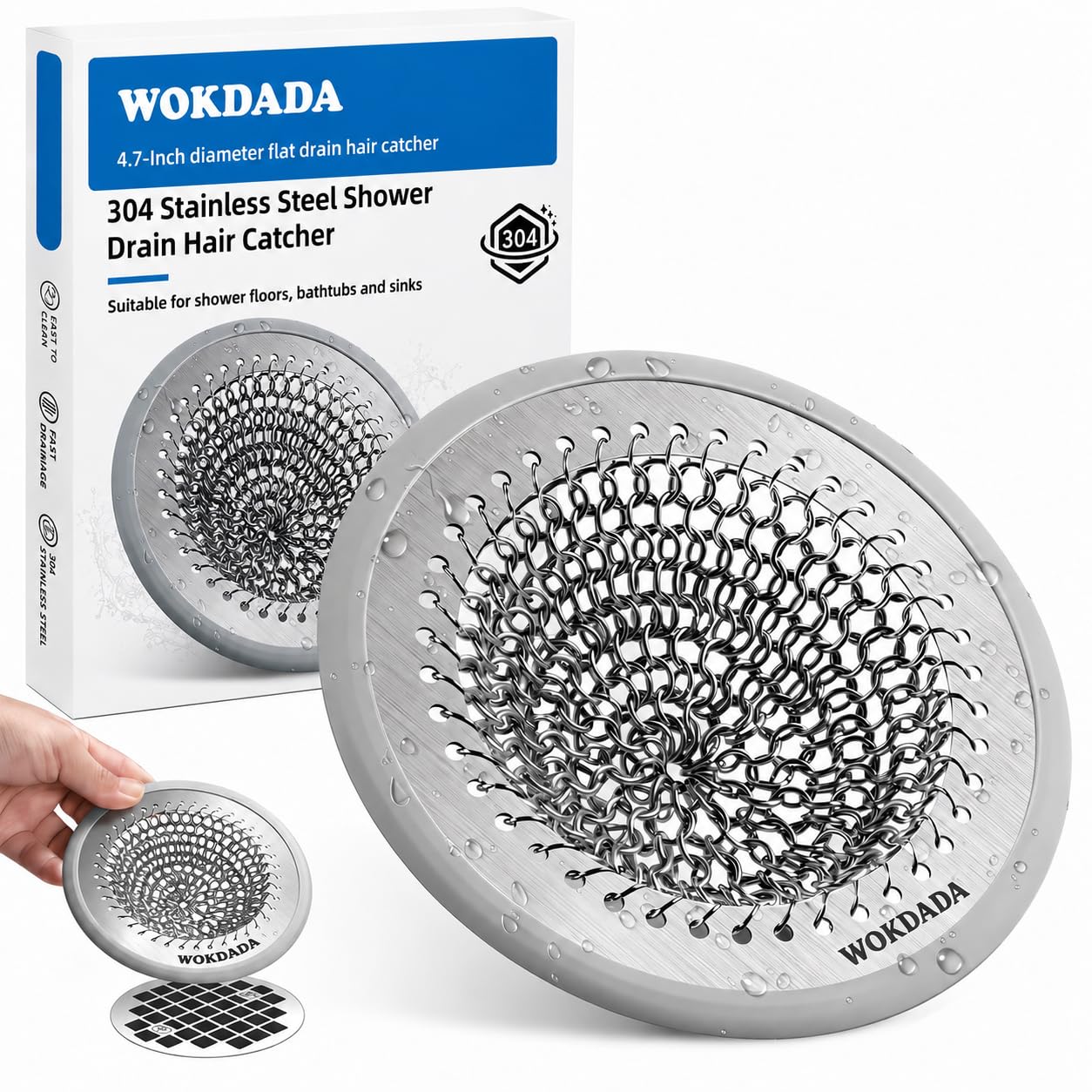 WOKDADA Shower Drain Hair Catcher, Non-Slip Shower Drain Cover, Anti-Clogging Stainless Steel Drain Protector, Bathroom Accessory for UK Standard Flat Drains of Bathroom (Patented Product)