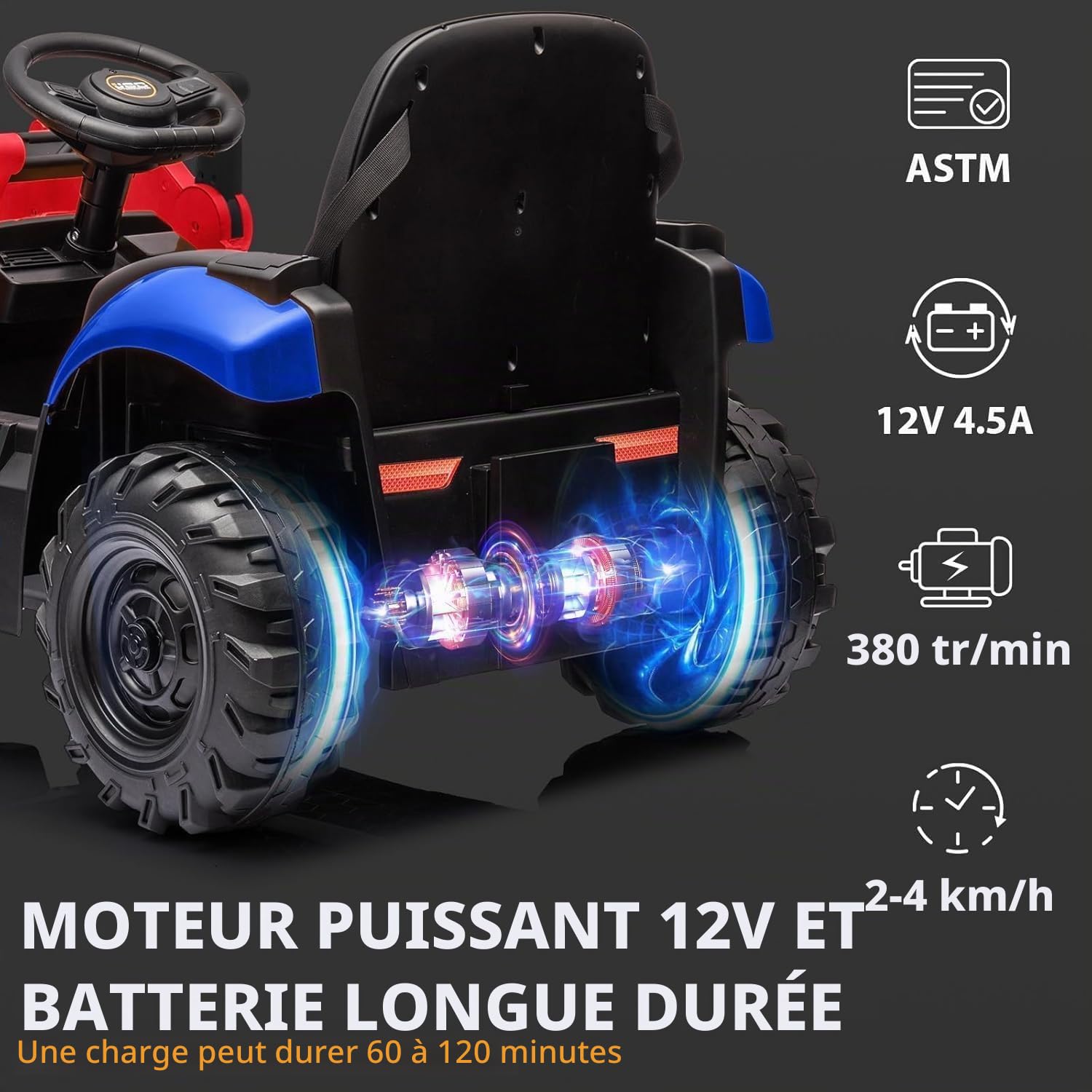 Garvee 12V Tracteur Électrique pour Enfants avec Klaxon, Télécommande 2,4G, 4 en 1 Excavatrice Électrique avec Pelle, Bulldozer, Plafond Amovible, 2-4km/h pour Enfants de 3 Ans+, Rouge