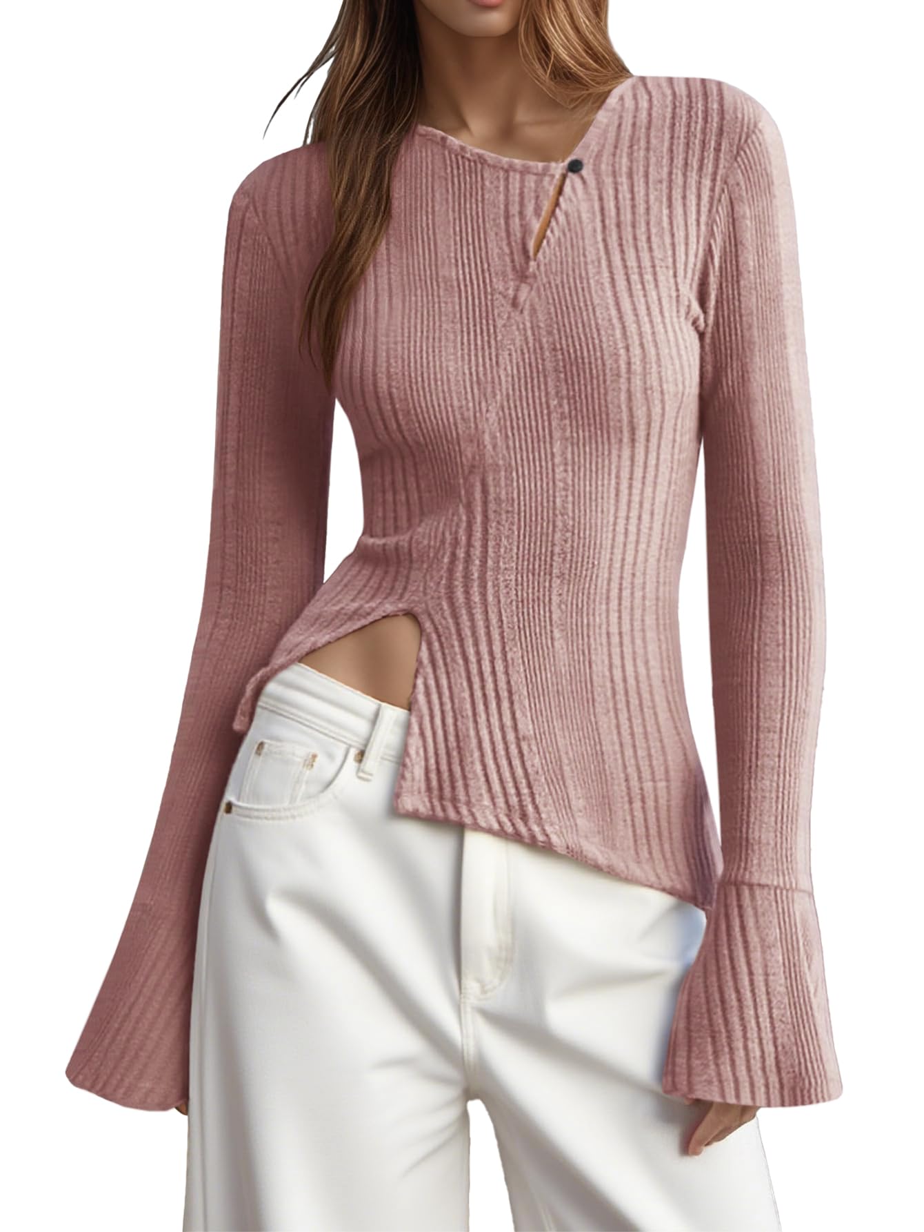 Bell Sleeve Tops for Women Fall Sweater Stylish Diagonal Buttons Flared Sleeves Side Slit Slim Fit Pullover