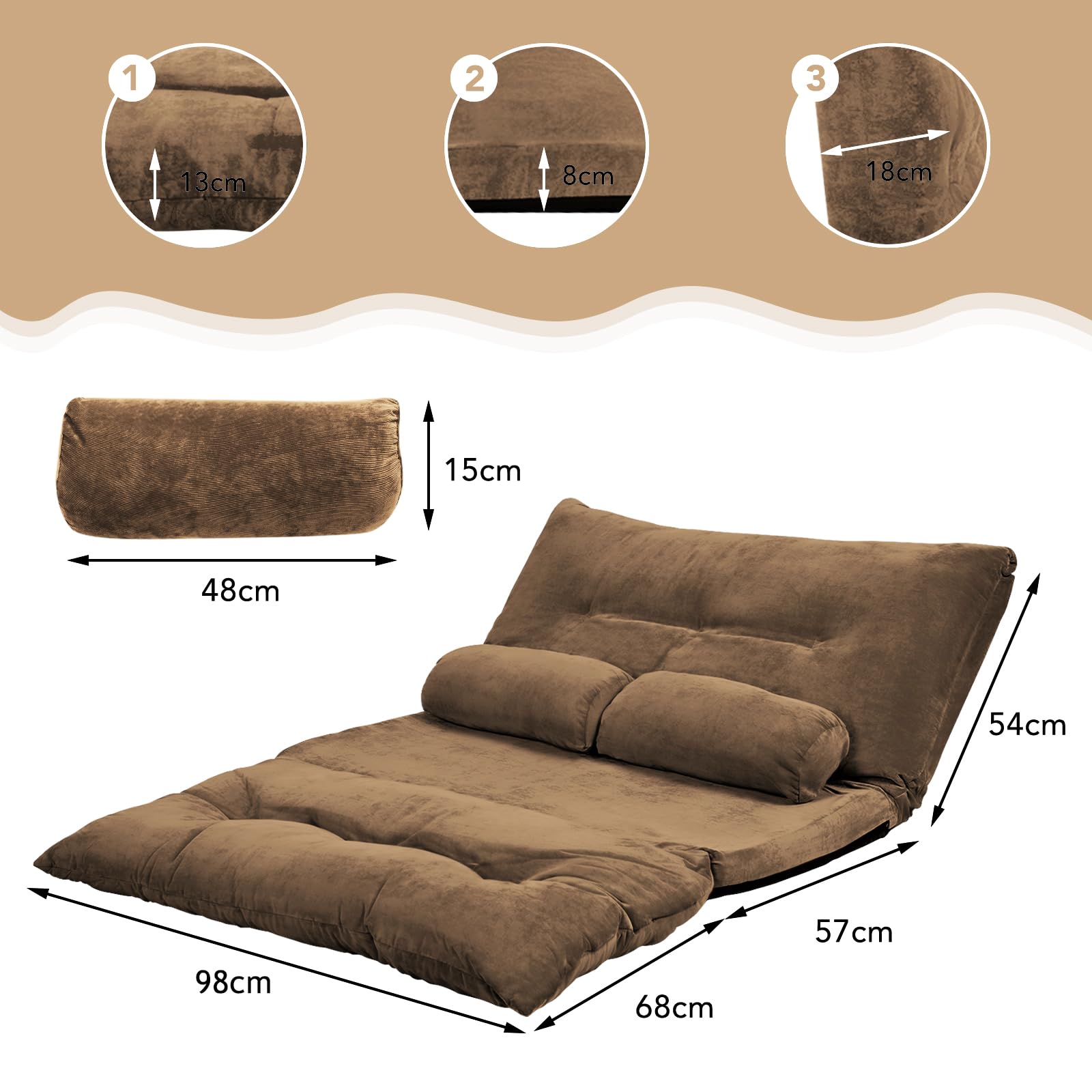 RELAX4LIFE Chauffeuse 2 Places Pliable en Velours Côtelé Réglable à 6 Positions avec 2 Oreillers, Canapé 2 Places Housse Amovible Convient pour Salon Chambre (Modèle 2, Brun)