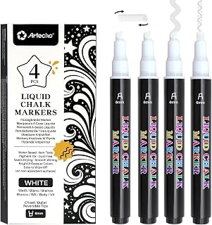 Artecho 4er Pack Kreidestifte Weiß für Tafel Abwaschbar, 6mm Marker | Abwischbare Fenstermalstifte mit Wendespitze (Rund/Keil), Ungiftig, für Glas, Fenster, Autos & Bistrotafeln