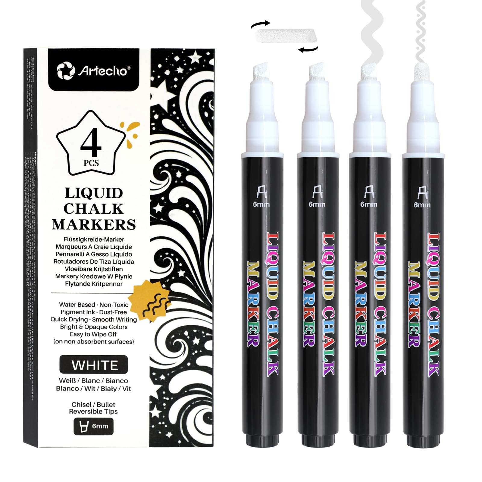 Artecho 4er Pack Kreidestifte Weiß für Tafel Abwaschbar, 6mm Marker | Abwischbare Fenstermalstifte mit Wendespitze (Rund/Keil), Ungiftig, für Glas, Fenster, Autos & Bistrotafeln