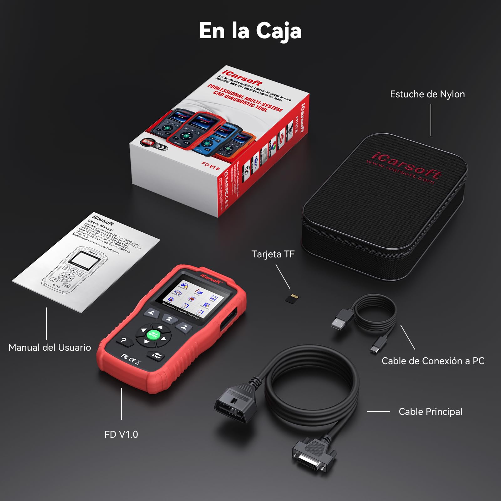 iCarsoft FD V1.0 OBD2 Máquina Diagnosis Coche para Ford/Holden, Escáner de Todo el Sistema, Reinicio de Aceite, Calibración SAS, Prueba de Batería, Actualización de por Vida