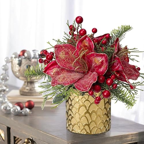 Miniatura 6 de Briful Árbol de Navidad de 11.4 pulgadas, arreglo de Navidad artificial grande en maceta dorada con bayas rojas, acebo, magnolia roja, flores de