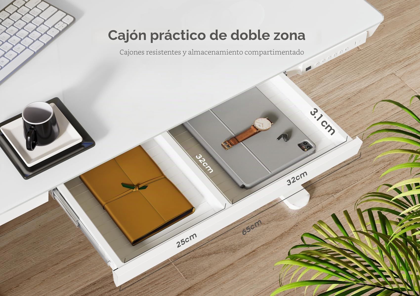 Claiks Escritorio de Altura Regulable con Tablero de Cristal de una Pieza Escritorio eléctrico con cajón, Mesa de Ordenador con función de Memoria y protección contra colisiones (Blanco, 120 x 60 cm)