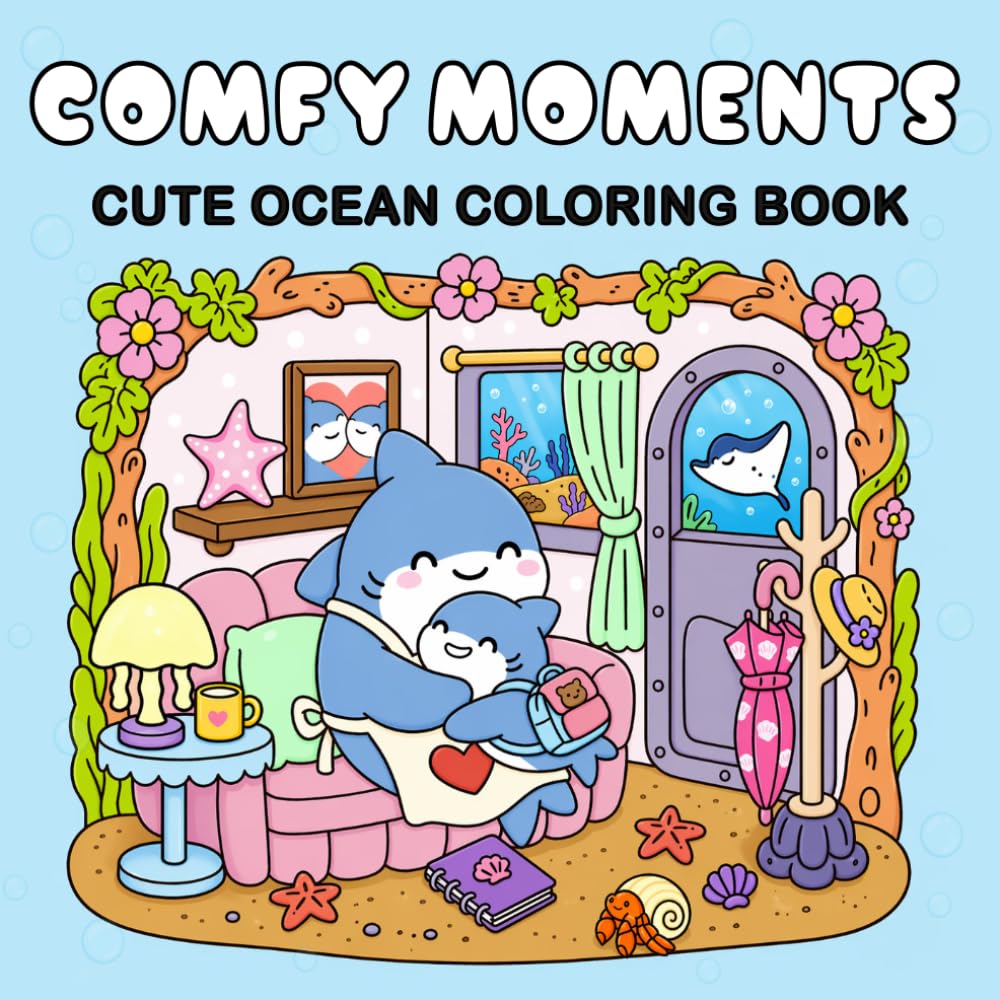 Comfy Moment: Coloring book for adults and kids, cute ocean scenes for relaxation