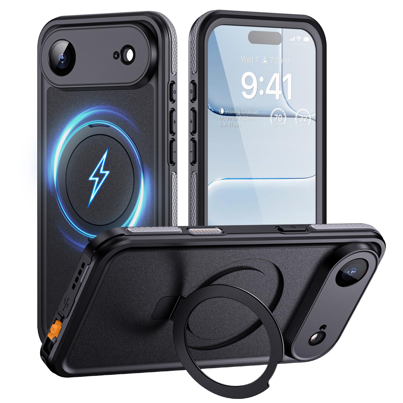 Lanhiem Coque pour iPhone 17 Air Étanche Antichoc avec Support Intégrale | Noir,IP68 Waterproof,Magnétique,Double Renforcé,360 Protection Écran+Caméra,Antipoussière,Avant et Arrière Housses,Chantier