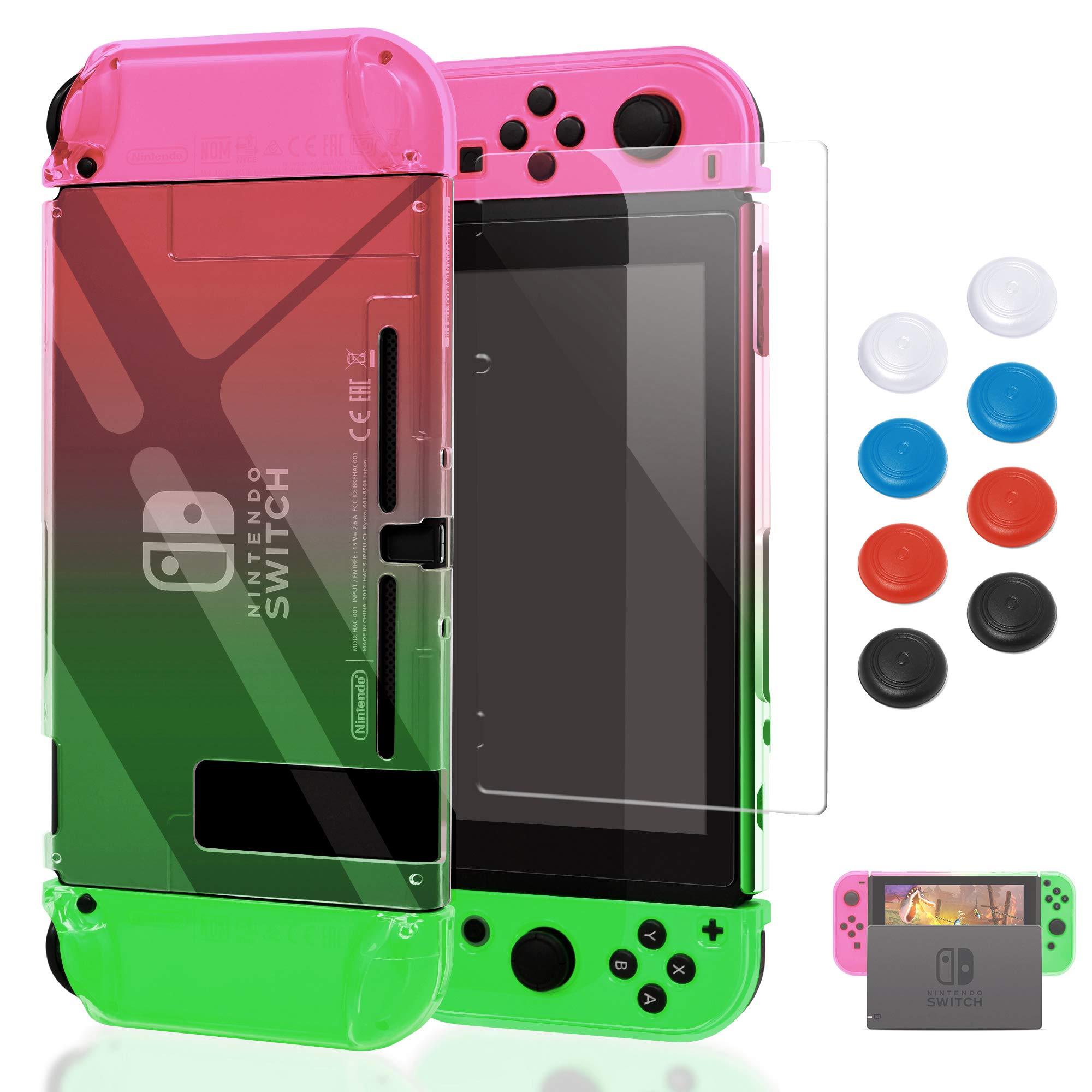 Case for Nintendo Switch,Fit The Dock Station, Protective Accessories Cover Case for Nintendo Switch and Joy-Con Controller - Dockable with a Tempered Glass Screen Protector Pink & Green NT16-ZLX-1