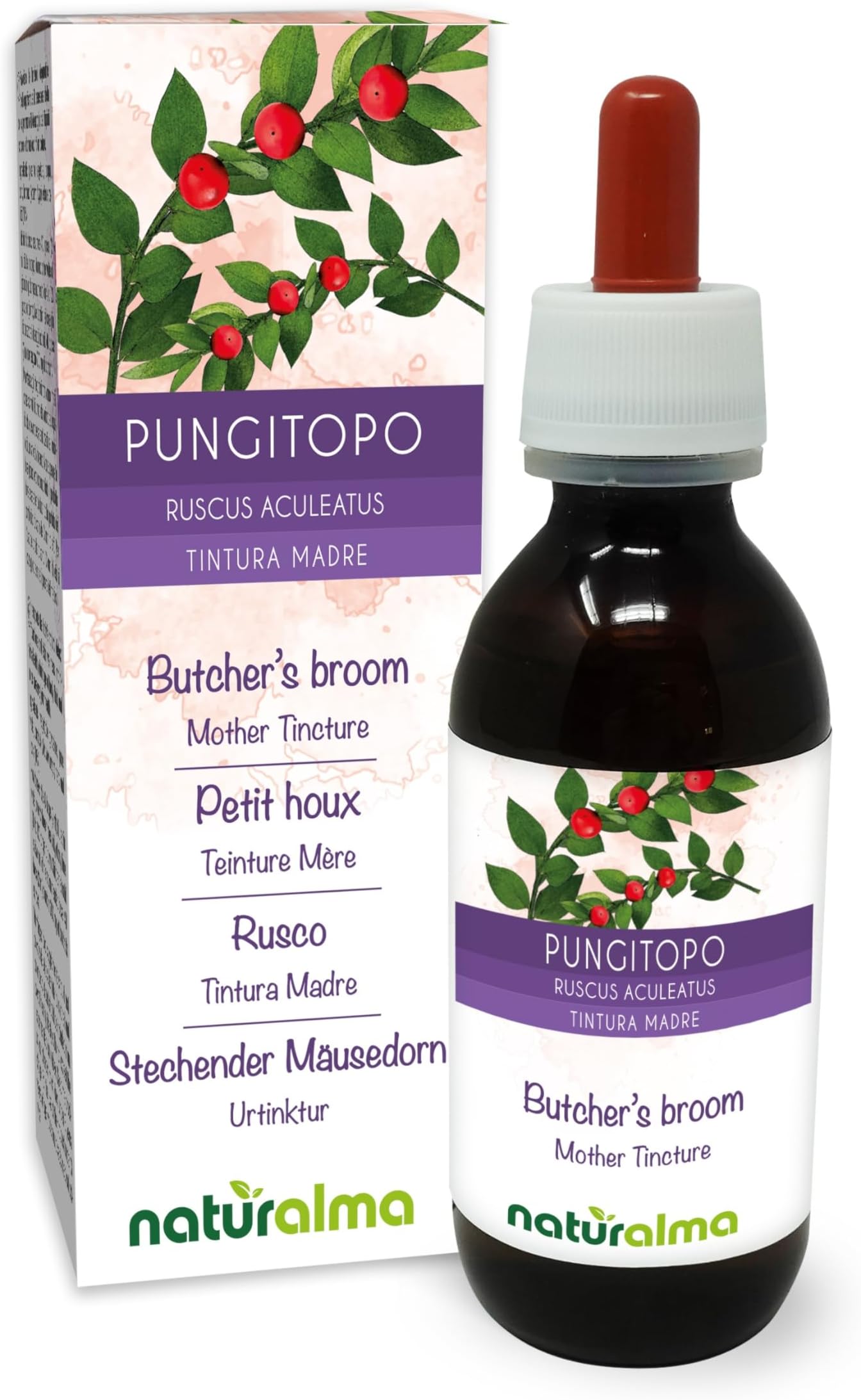 Butcher's Broom (Ruscus aculeatus) Roots Alcohol-Free Mother Tincture Naturalma - Liquid Extract Drops 120 ml - Food Supplement - Vegan