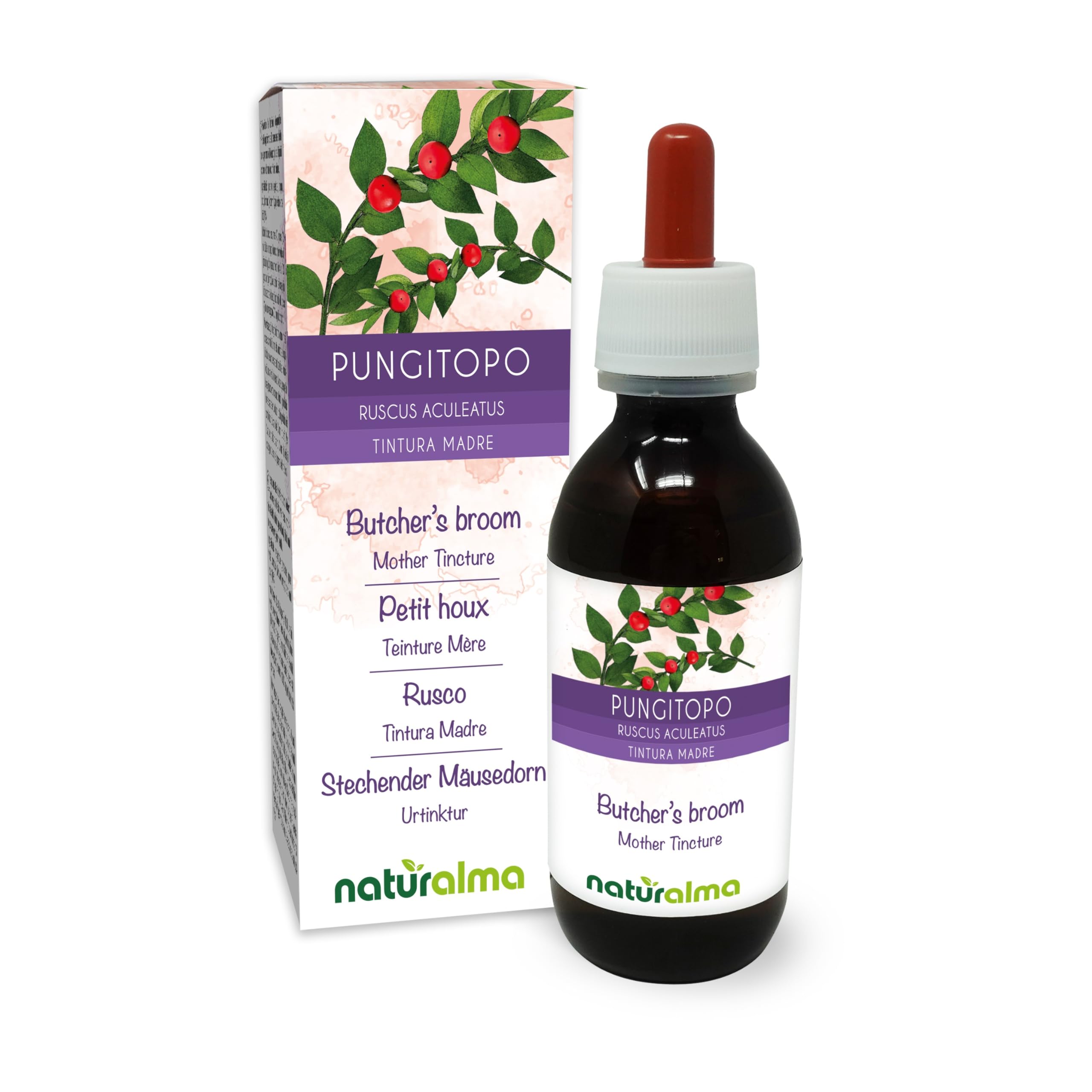 Butcher's Broom (Ruscus aculeatus) Roots Alcohol-Free Mother Tincture Naturalma - Liquid Extract Drops 120 ml - Food Supplement - Vegan