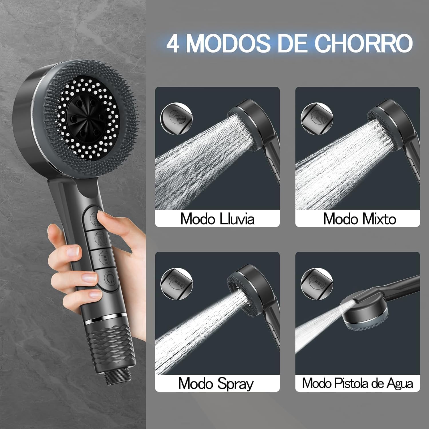 Alcachofa de Ducha con Filtro, 4 Modos de Rociado, Alta Presión, Ahorra Agua, Incluye Manguera 1.5M y Soporte - Gris