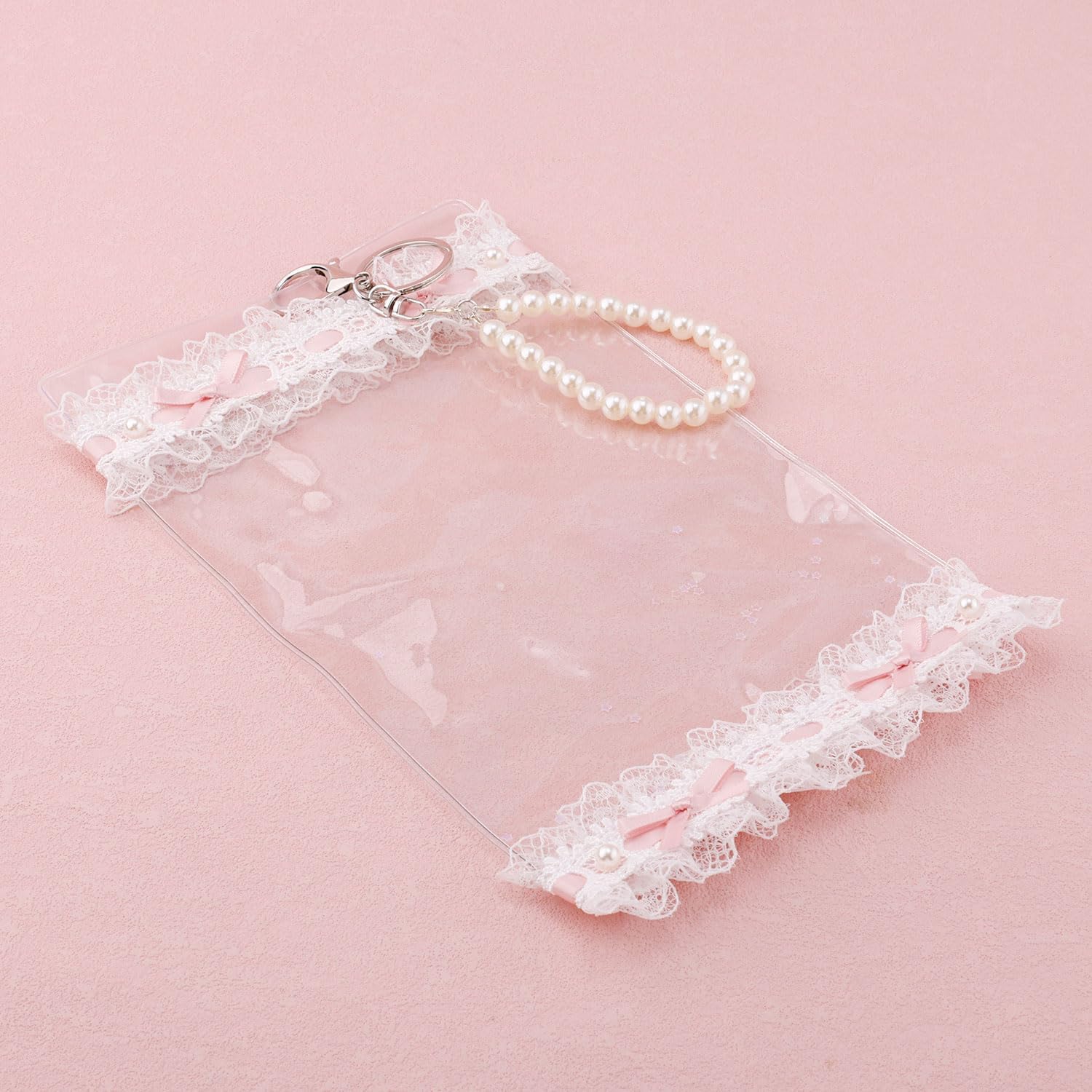 Clear Figure Display Bag with Keychain for Plush Dolls, 5.9x9.8in PVC Lace Trim Keychain Pouch Protective Case for Blind Box Figures, Collectibles, Travel & Anime Toys Accessories (No Doll)