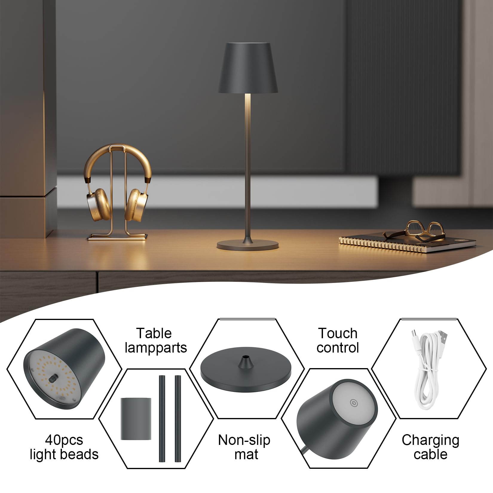LED sans fil Lampe de table rechargeable, 3000K lampe bouteille à intensité variable, 5000mAh IP54 lampe de table réglable en hauteur pour une utilisation intérieure et extérieure, Anthracite