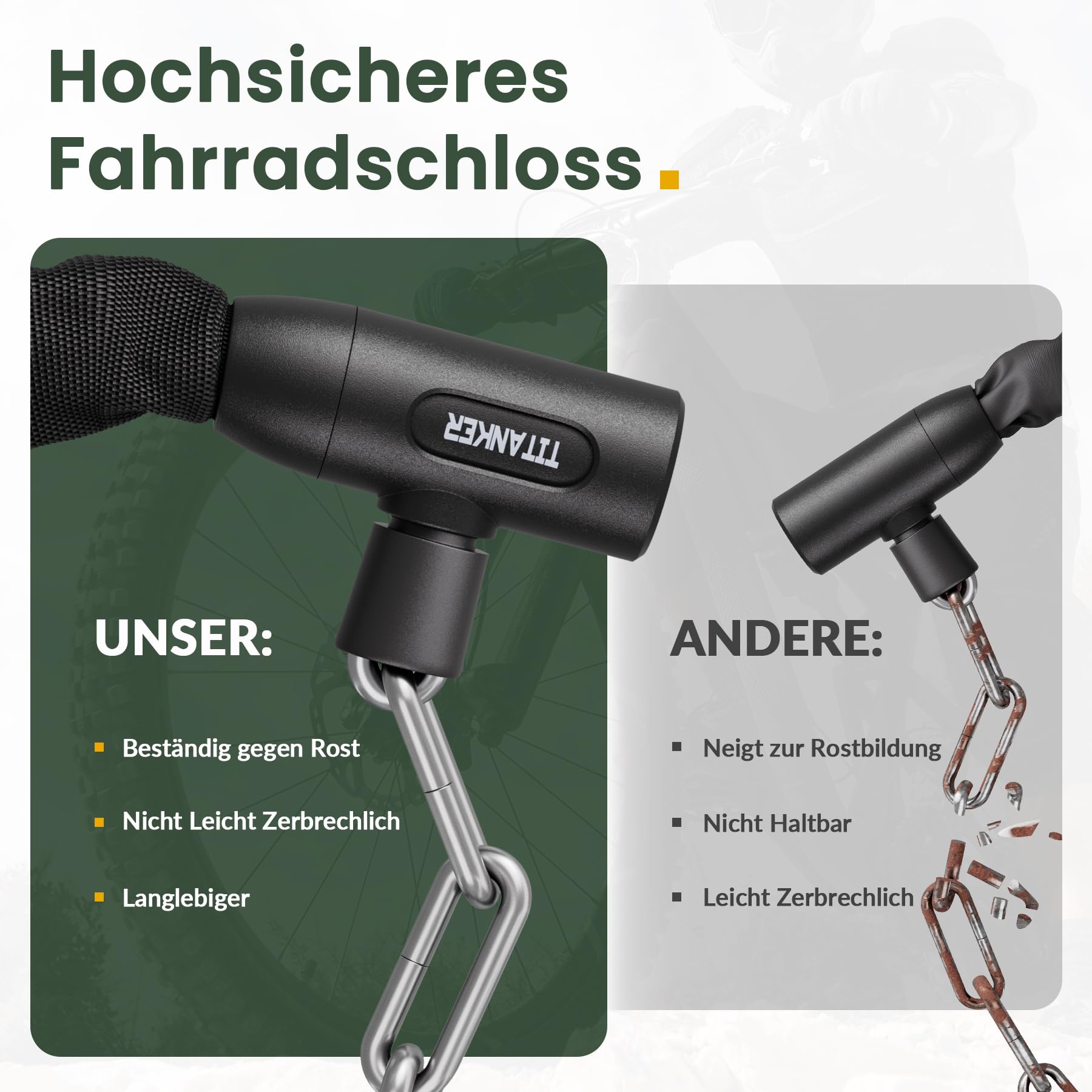 Titanker Fahrradschloss, Hohe Sicherheit Fahrrad Kettenschloss, Anti-Diebstahl Fahradschloß mit 2 Schlüsseln, Gehärtete Stahlkettenglieder 