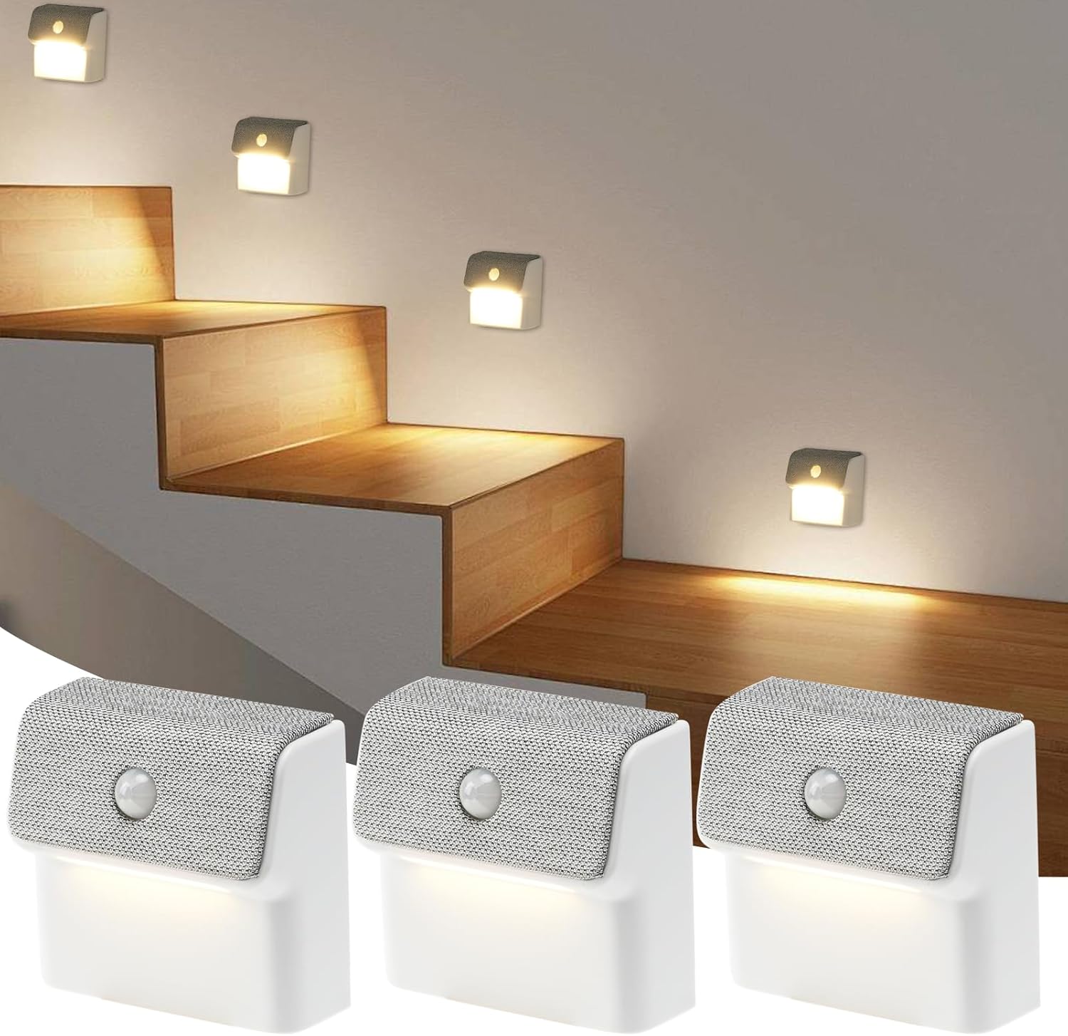 Linkage Stair Lights Motion Sensor Indoor, Magnetic Stick-On LED Wall Light, Dimmable Warm White Light, Rechargeable Motion Activated Light, for Hallway, Bedroom, Stairs, Kitchen