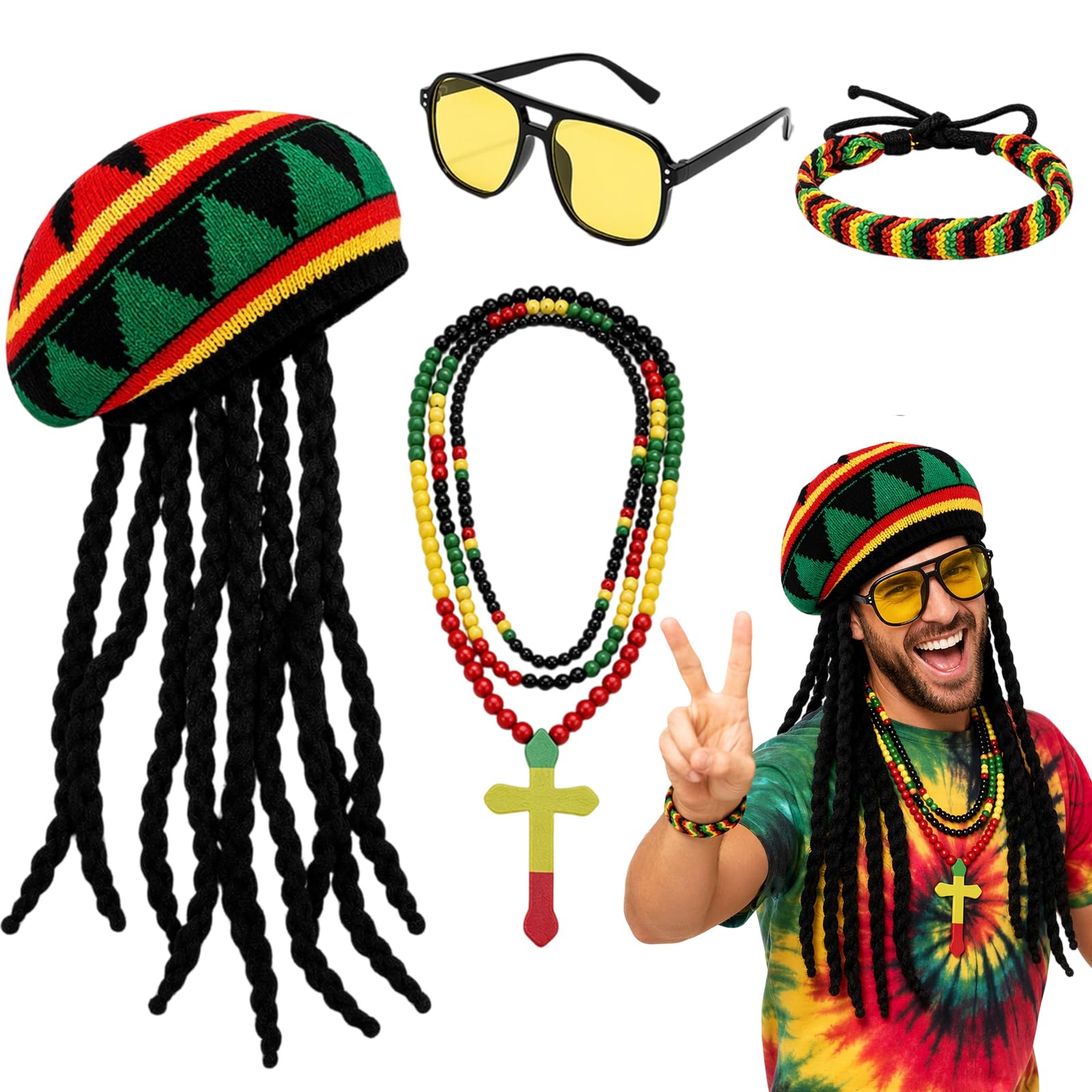 4Pcs Set Rasta Hat, Caribbean Fancy Dress Accessories Set, Reggae Costume for Halloween Parties and Music Festivals, Jamaican Hat Kit with Wig and Accessories for Men Women Carnival Cosplay Party