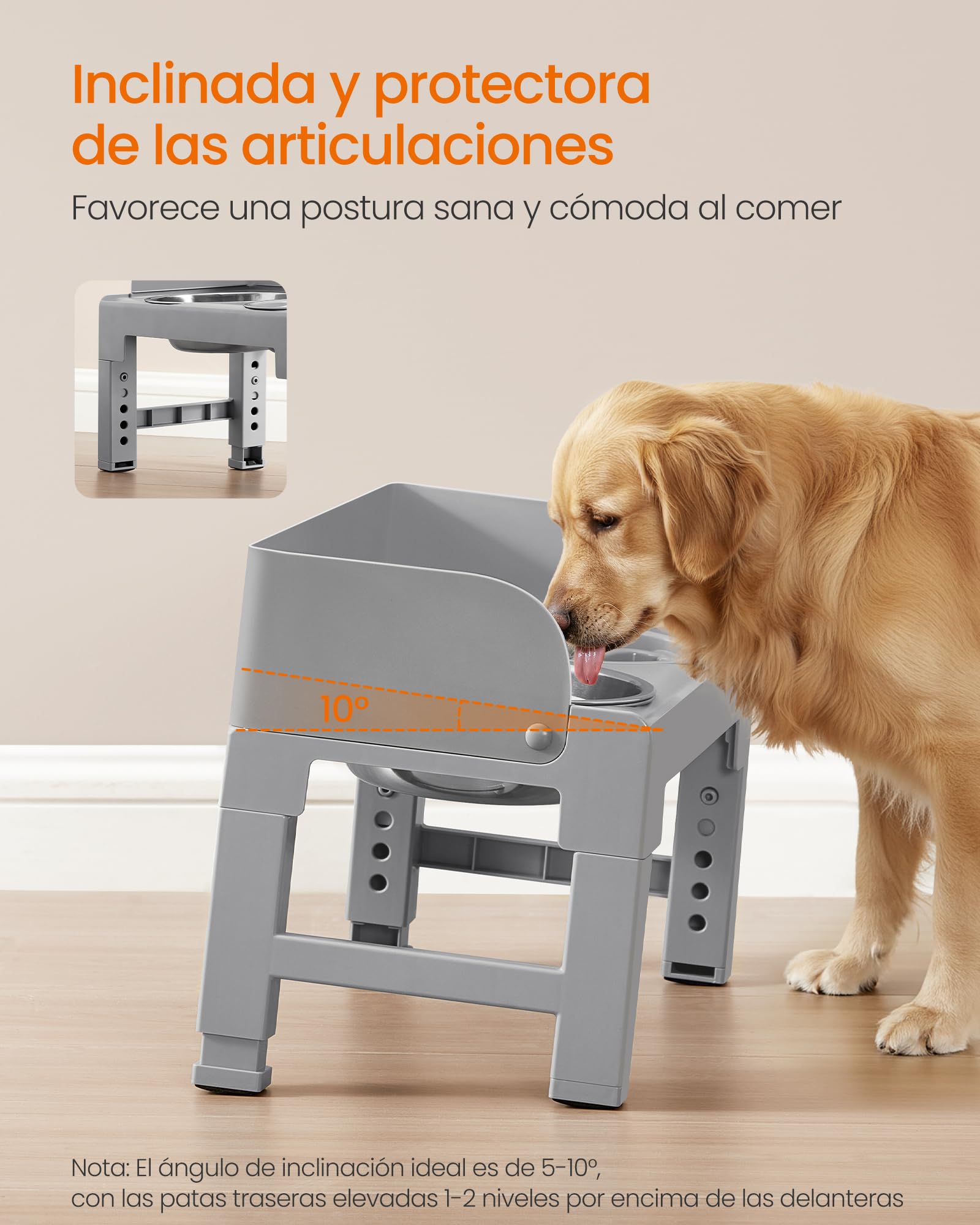 Feandrea Comedero Elevado para Perros con Soporte, 1 Comedero Lento y 2 Comederos de Acero Inoxidable 304, Altura Ajustable y Diseño Inclinado, Gris Paloma PRB103GD01