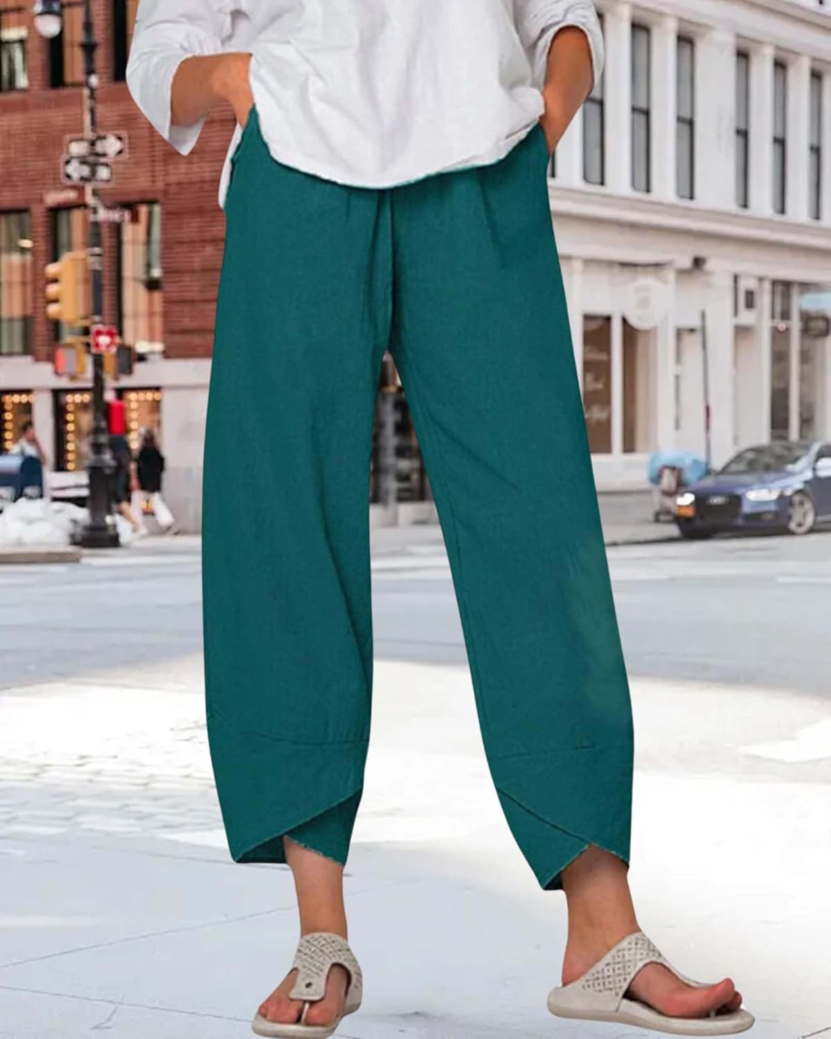 Cotton Linen Summer Casual Capri Pants for Women Printed Waist Wide Leg Palazzo Cropped Baggy Trousers with Pockets - Image 5