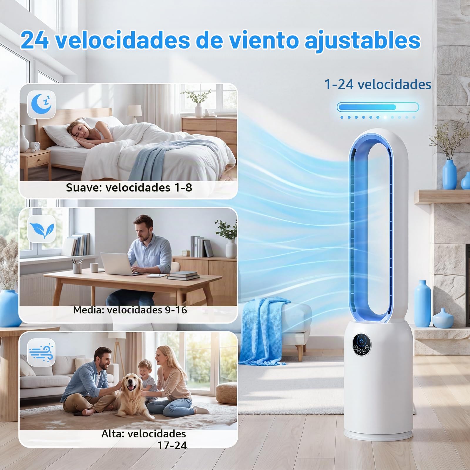 Ventilador de Torre sin Aspas, Ventilador Silencioso de 24 Velocità con purificador de aire HEPA, Timer 12 Ore, Oscillante a 90°, Display a LED y Control Remoto, Portátil, para Dormitorio