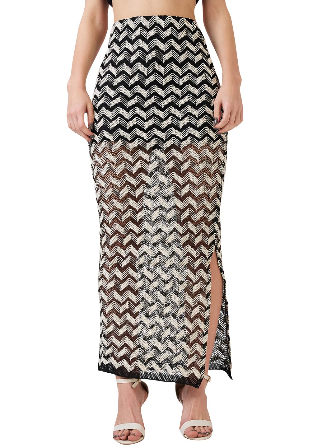 globus Women Black & White Chevron Pattern Crochet Mid Rise Side Slit Pencil Maxi Skirt-picture-10