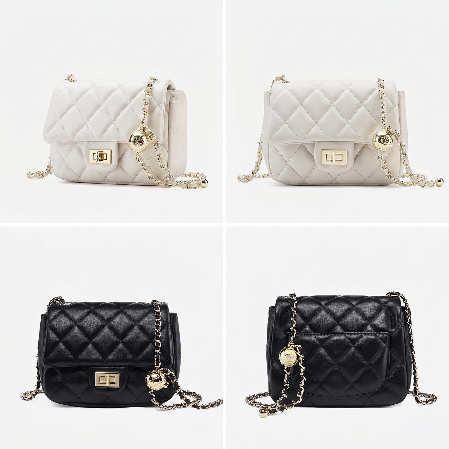 Bolso Bandolera Mujer de Cuero Genuino, Elegante Bolso de Hombro con Solapa y Cadena de Bola de Oro Ajustable, Bolso Cuadrado Clásico Blanco