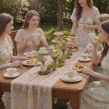 Pink Floral Table Runner 10ft Embroidery Tulle Spring Wildflower Table Runner Seasonal Summer Butterfly Kitchen Dining Gauze Decoration for Wedding Baby Shower Birthday Party (3 Pcs)