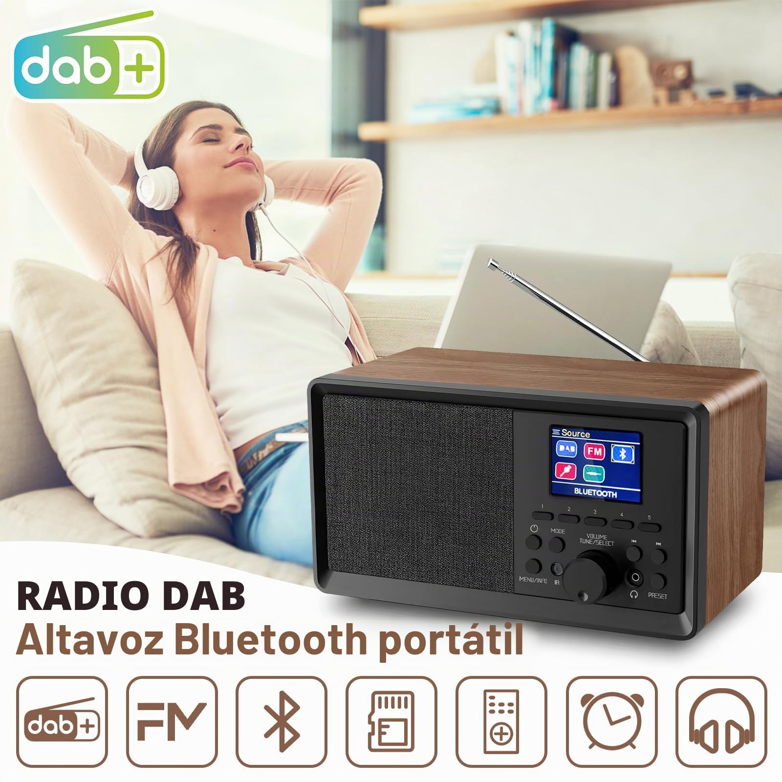 Wholede Dab Plus Radio con Bluetooth, Radios Dab con Mando a Distancia, Radios Dab+/FM, Radio Digital de Madera, Radios Despertador con Doble Alarma y Puerto USB/AUX