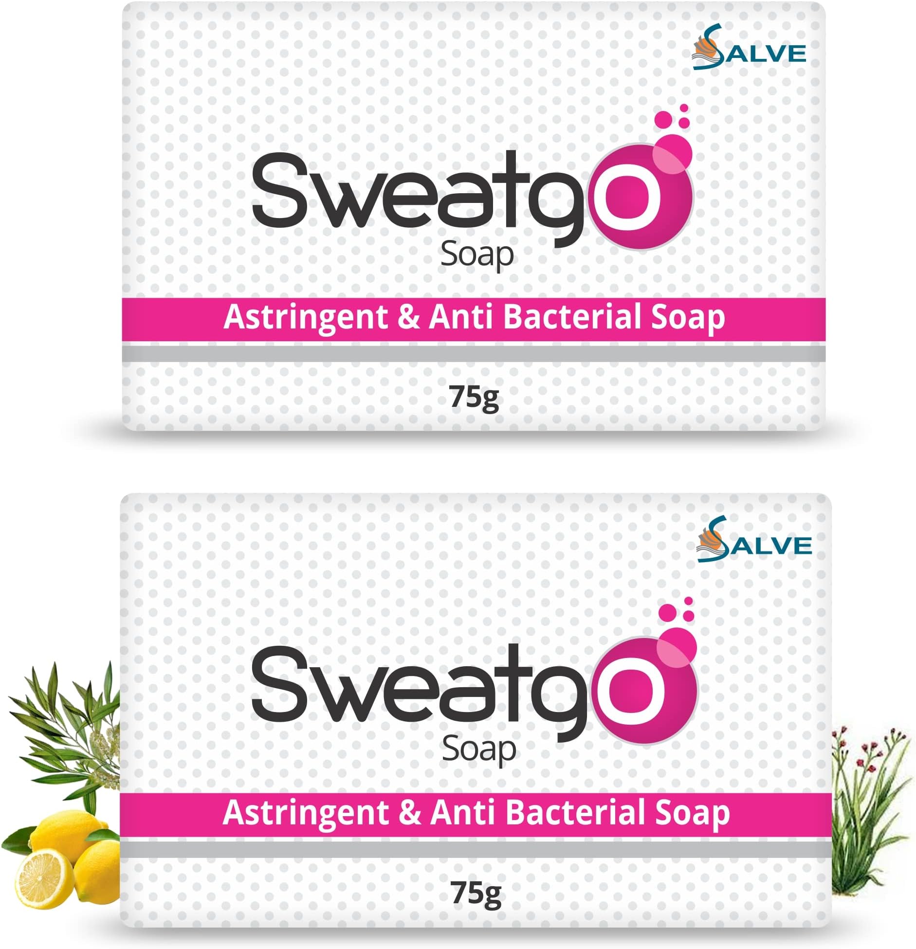 Salve Sweatgo Antibacterial Astringent Antiperspirant Soap for Control of Hyperhidrosis and Excessive Sweating, Pack of 2