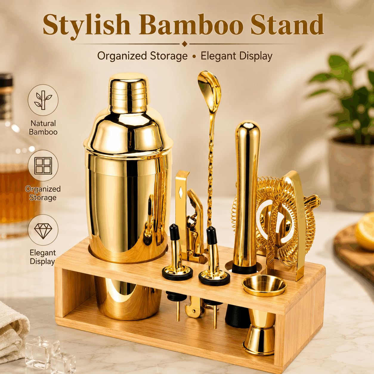 Gold Cocktail Shaker Set, Premium 18/8 Stainless Steel Mixology Bartender Kit with Stylish Bamboo Stand 10-Piece Bar Tools & Accessories for Home Bar for Men, Dad, Husband view 5